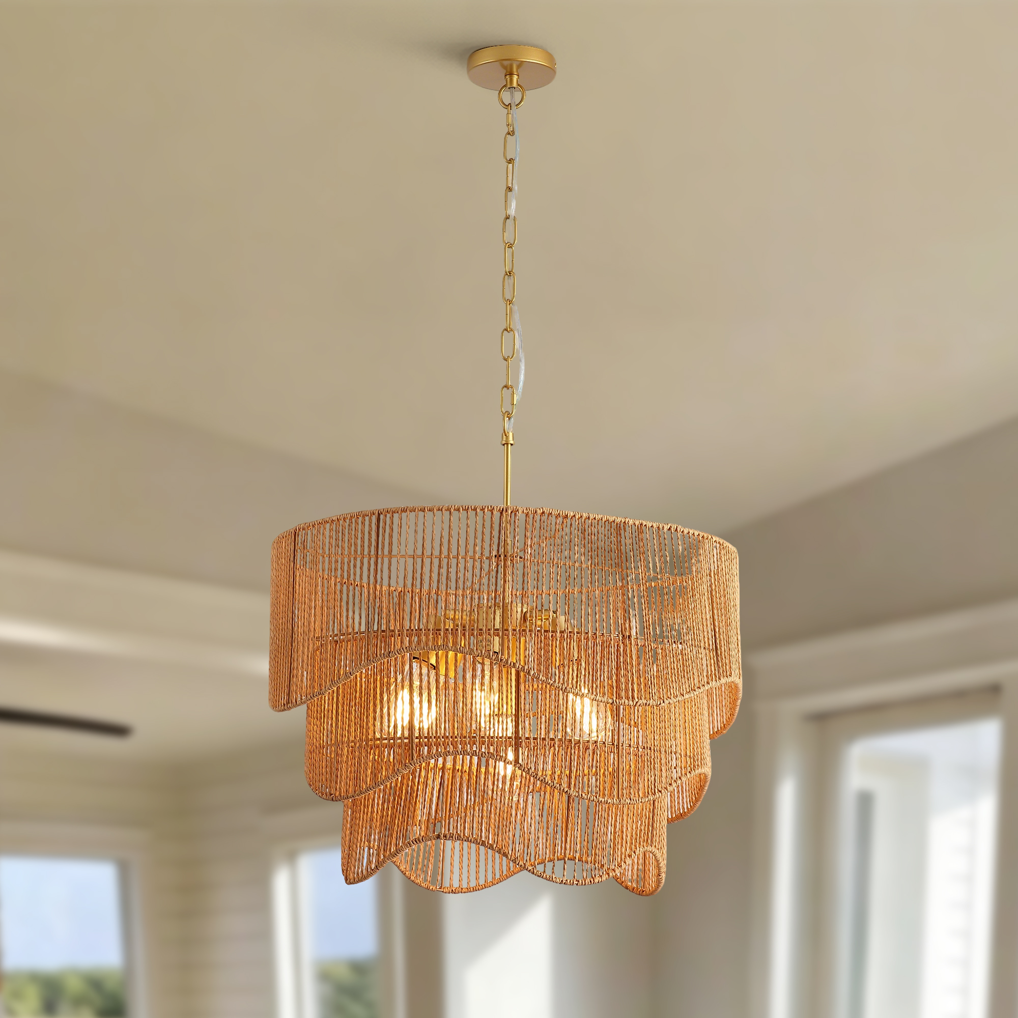Handwoven Paper Rattan Boho Chandelier with 7-Light E26 Base, 60cm Adjustable Height Wave Pendant Light for Living Room, Sloped Ceiling Compatible, Sturdy Metal Hardware, Warm Glow for Dining Room - Image 2