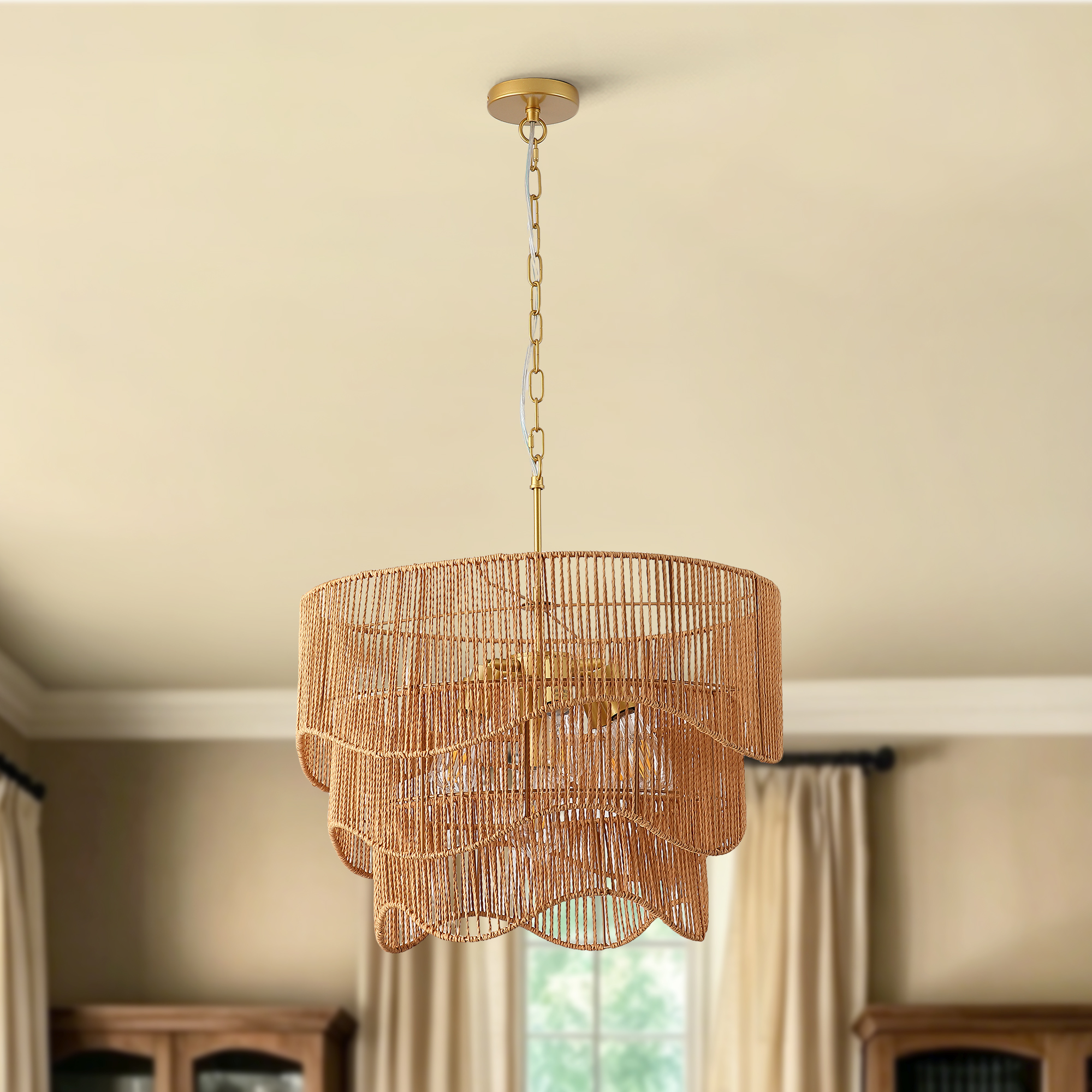 Handwoven Paper Rattan Boho Chandelier with 7-Light E26 Base, 60cm Adjustable Height Wave Pendant Light for Living Room, Sloped Ceiling Compatible, Sturdy Metal Hardware, Warm Glow for Dining Room - Image 3