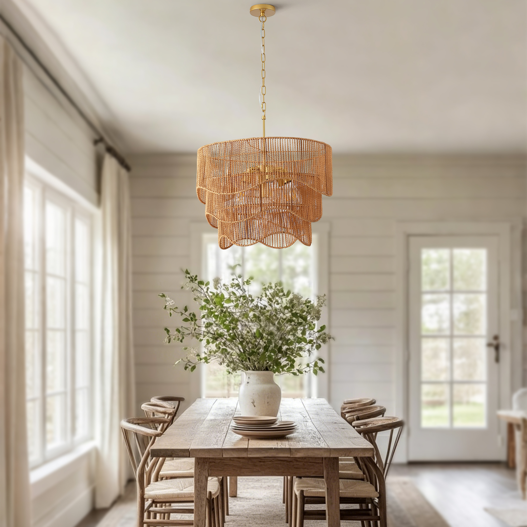 Handwoven Paper Rattan Boho Chandelier with 7-Light E26 Base, 60cm Adjustable Height Wave Pendant Light for Living Room, Sloped Ceiling Compatible, Sturdy Metal Hardware, Warm Glow for Dining Room - Image 4