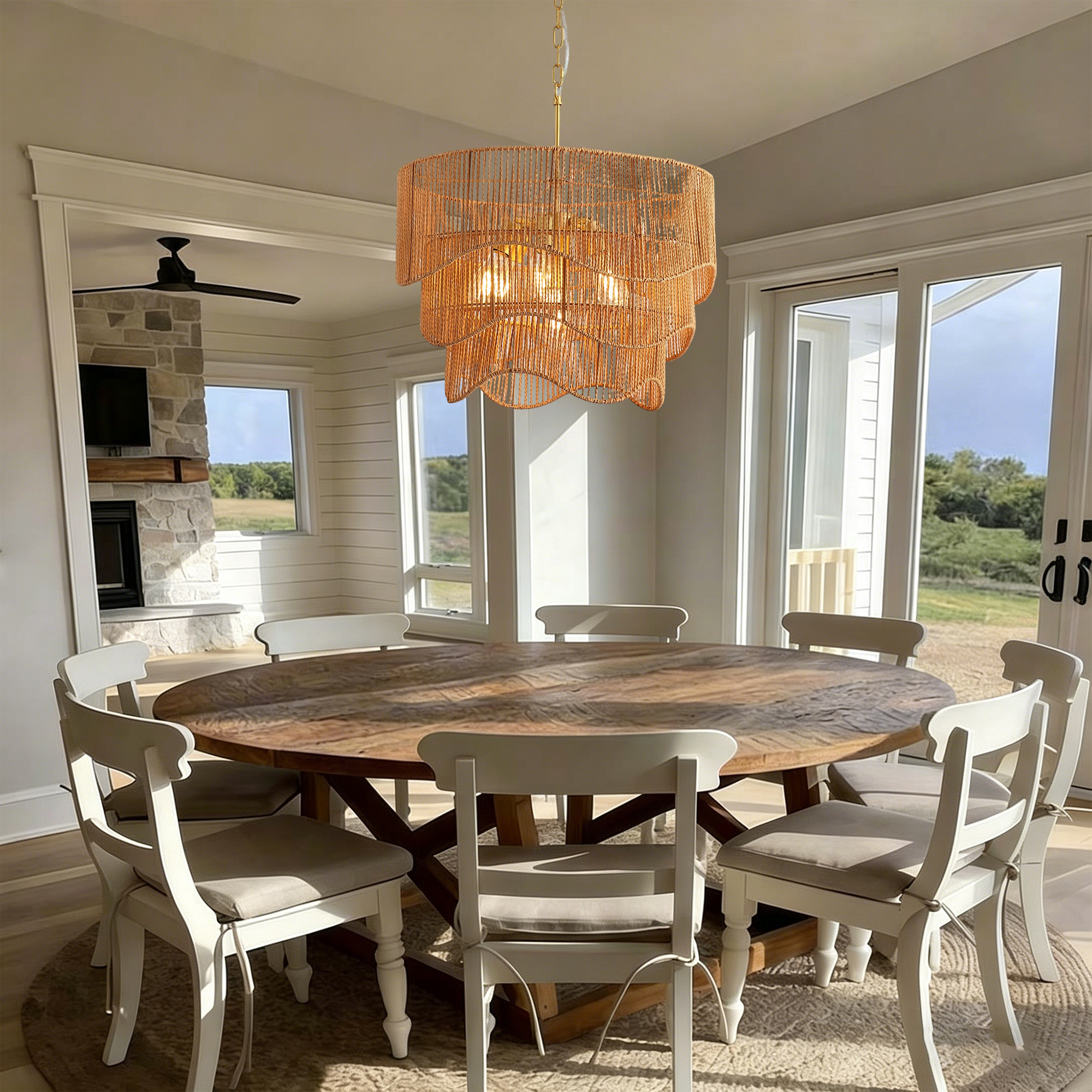 Handwoven Paper Rattan Boho Chandelier with 7-Light E26 Base, 60cm Adjustable Height Wave Pendant Light for Living Room, Sloped Ceiling Compatible, Sturdy Metal Hardware, Warm Glow for Dining Room - Image 5