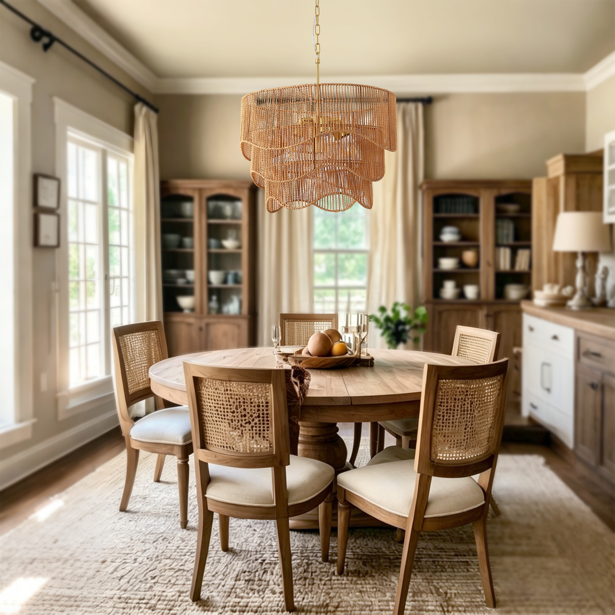 Handwoven Paper Rattan Boho Chandelier with 7-Light E26 Base, 60cm Adjustable Height Wave Pendant Light for Living Room, Sloped Ceiling Compatible, Sturdy Metal Hardware, Warm Glow for Dining Room - Image 6