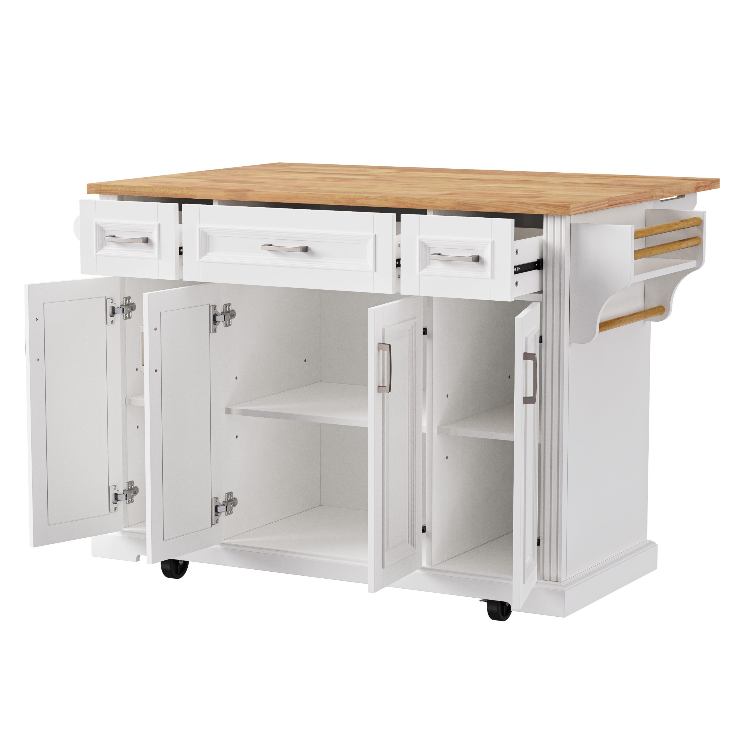 K&K 54inch Large Kitchen Island with Rubber Wood Drop Leaf, Embossed Texture Rolling Kitchen Cart on 4 Wheels with 4 Doors and 3 Drawers, Kitchen Island with Storage for Kitchen, Dining Room,White - Image 2