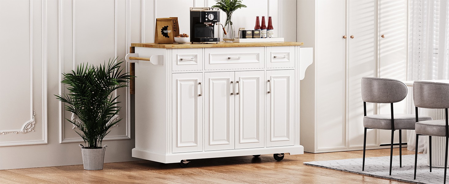 K&K 54inch Large Kitchen Island with Rubber Wood Drop Leaf, Embossed Texture Rolling Kitchen Cart on 4 Wheels with 4 Doors and 3 Drawers, Kitchen Island with Storage for Kitchen, Dining Room,White - Image 4