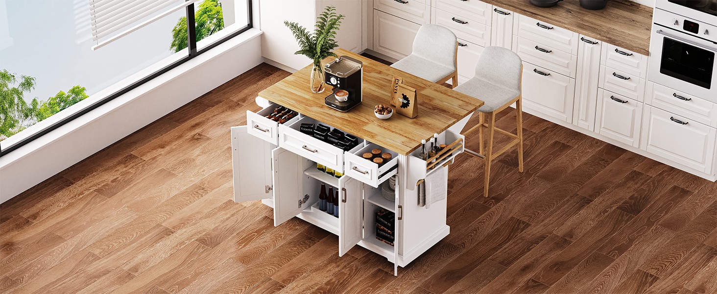 K&K 54inch Large Kitchen Island with Rubber Wood Drop Leaf, Embossed Texture Rolling Kitchen Cart on 4 Wheels with 4 Doors and 3 Drawers, Kitchen Island with Storage for Kitchen, Dining Room,White - Image 5