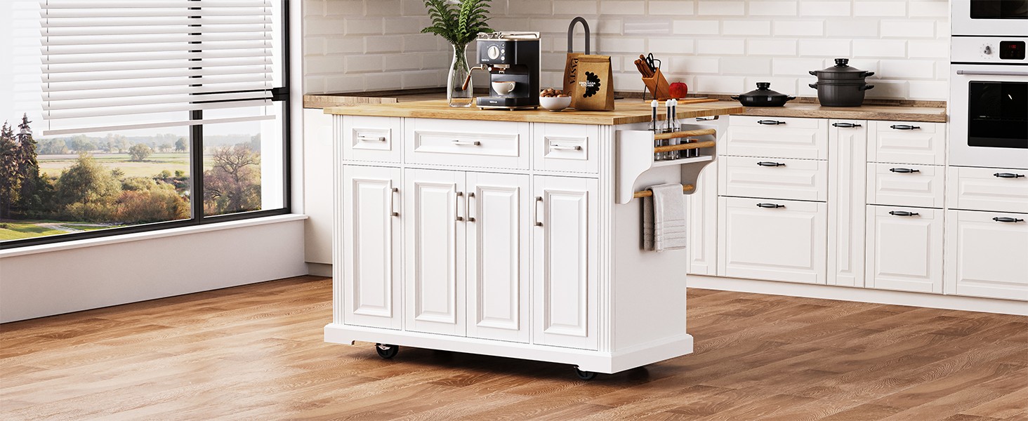 K&K 54inch Large Kitchen Island with Rubber Wood Drop Leaf, Embossed Texture Rolling Kitchen Cart on 4 Wheels with 4 Doors and 3 Drawers, Kitchen Island with Storage for Kitchen, Dining Room,White - Image 6