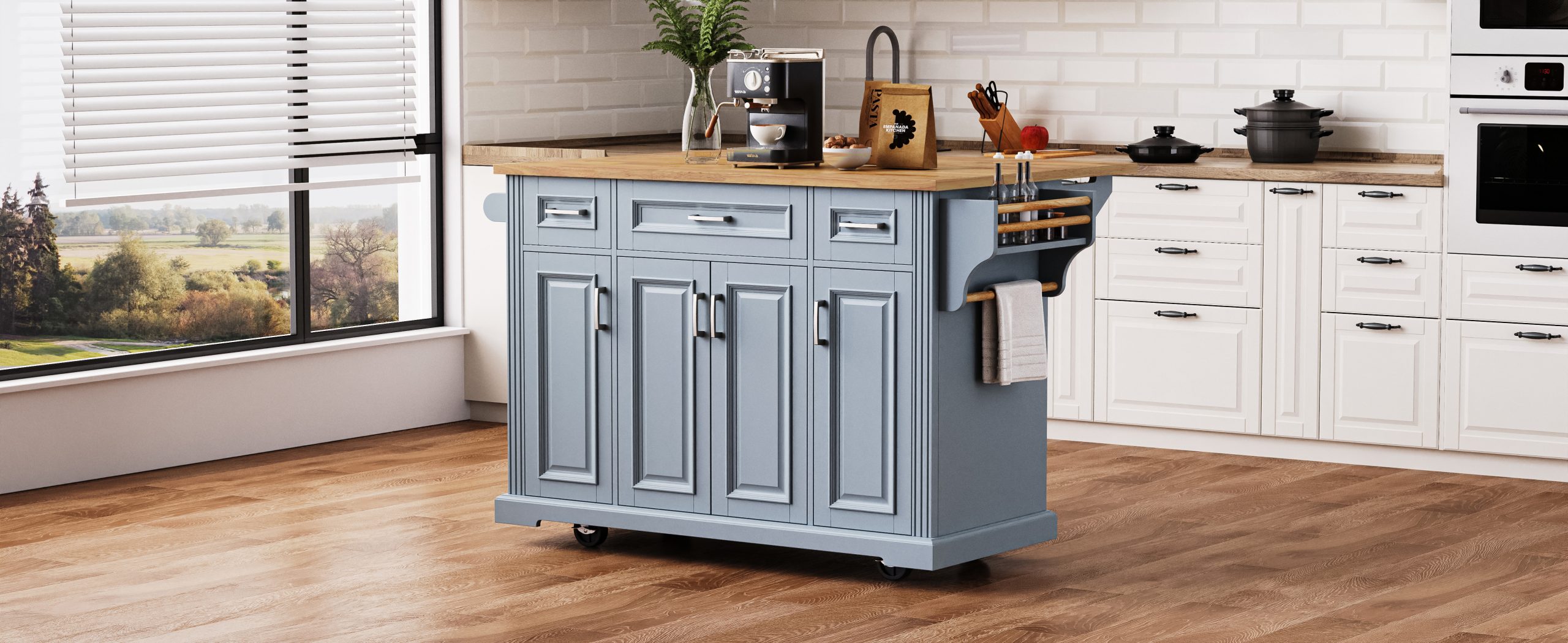K&K 54inch Large Kitchen Island with Rubber Wood Drop Leaf, Embossed Texture Rolling Kitchen Cart on 4 Wheels with 4 Doors and 3 Drawers, Kitchen Island with Storage for Kitchen, Dining Room,Grey Blue - Image 2