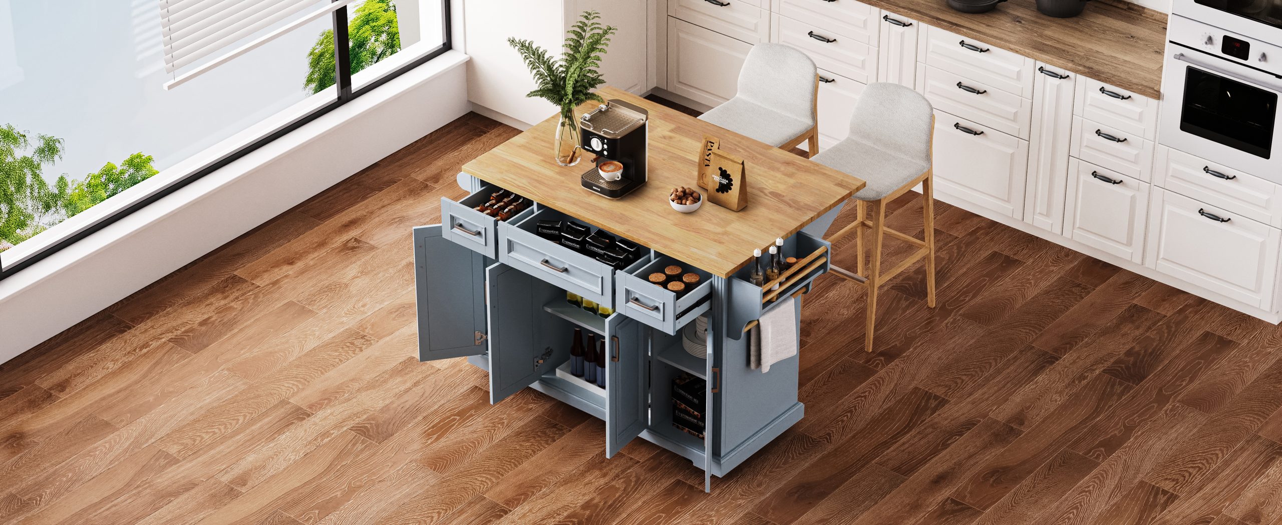 K&K 54inch Large Kitchen Island with Rubber Wood Drop Leaf, Embossed Texture Rolling Kitchen Cart on 4 Wheels with 4 Doors and 3 Drawers, Kitchen Island with Storage for Kitchen, Dining Room,Grey Blue - Image 3