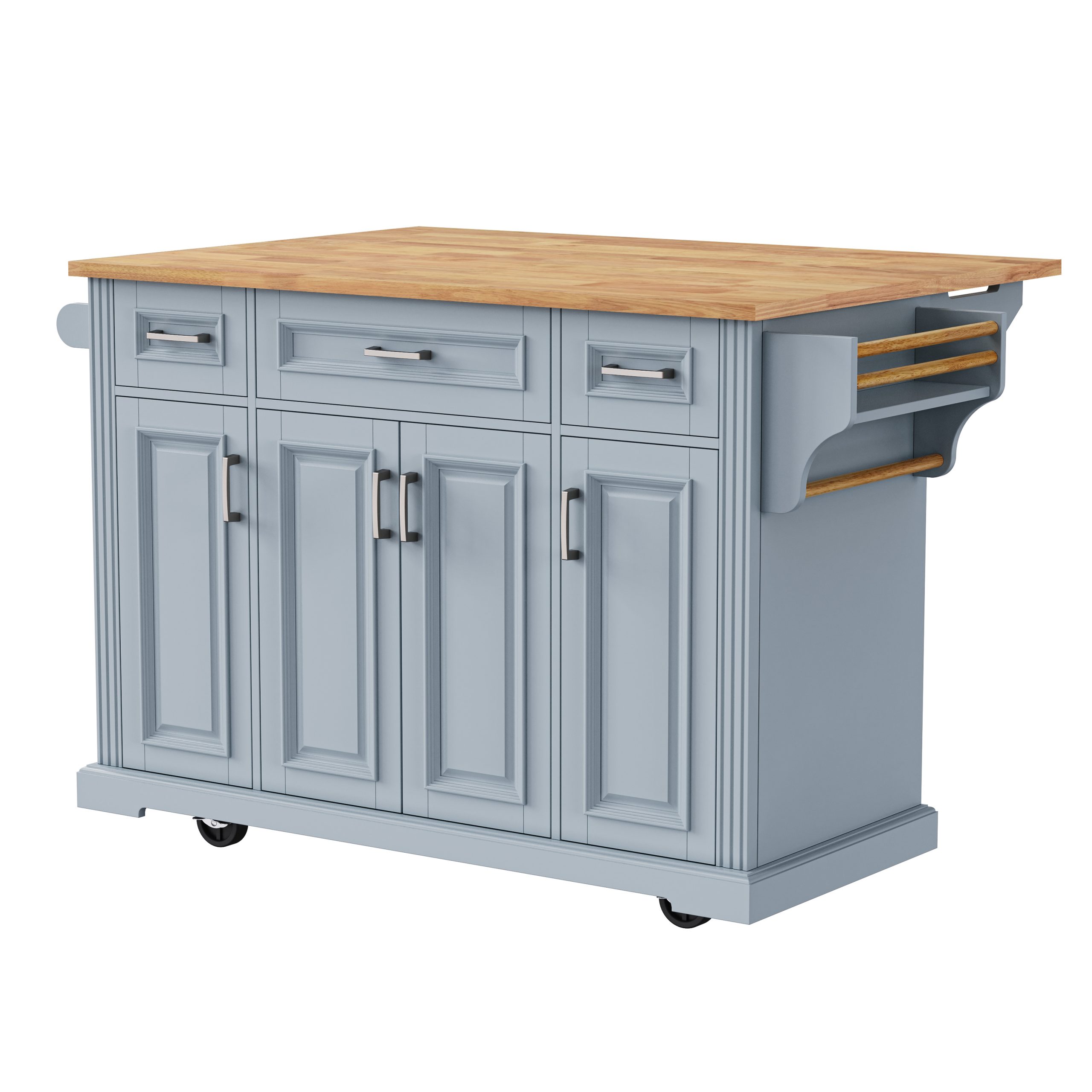 K&K 54inch Large Kitchen Island with Rubber Wood Drop Leaf, Embossed Texture Rolling Kitchen Cart on 4 Wheels with 4 Doors and 3 Drawers, Kitchen Island with Storage for Kitchen, Dining Room,Grey Blue - Image 4