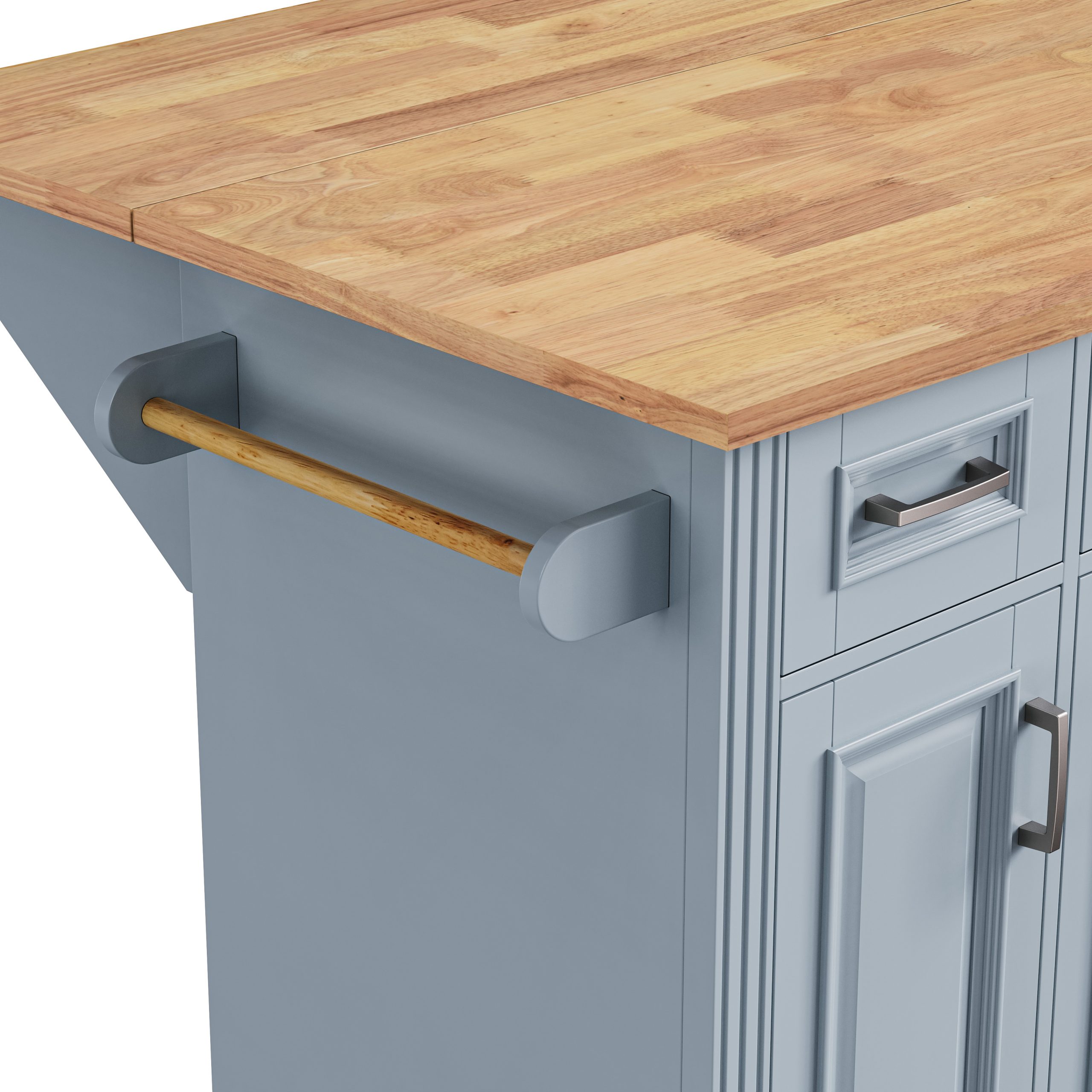 K&K 54inch Large Kitchen Island with Rubber Wood Drop Leaf, Embossed Texture Rolling Kitchen Cart on 4 Wheels with 4 Doors and 3 Drawers, Kitchen Island with Storage for Kitchen, Dining Room,Grey Blue - Image 5