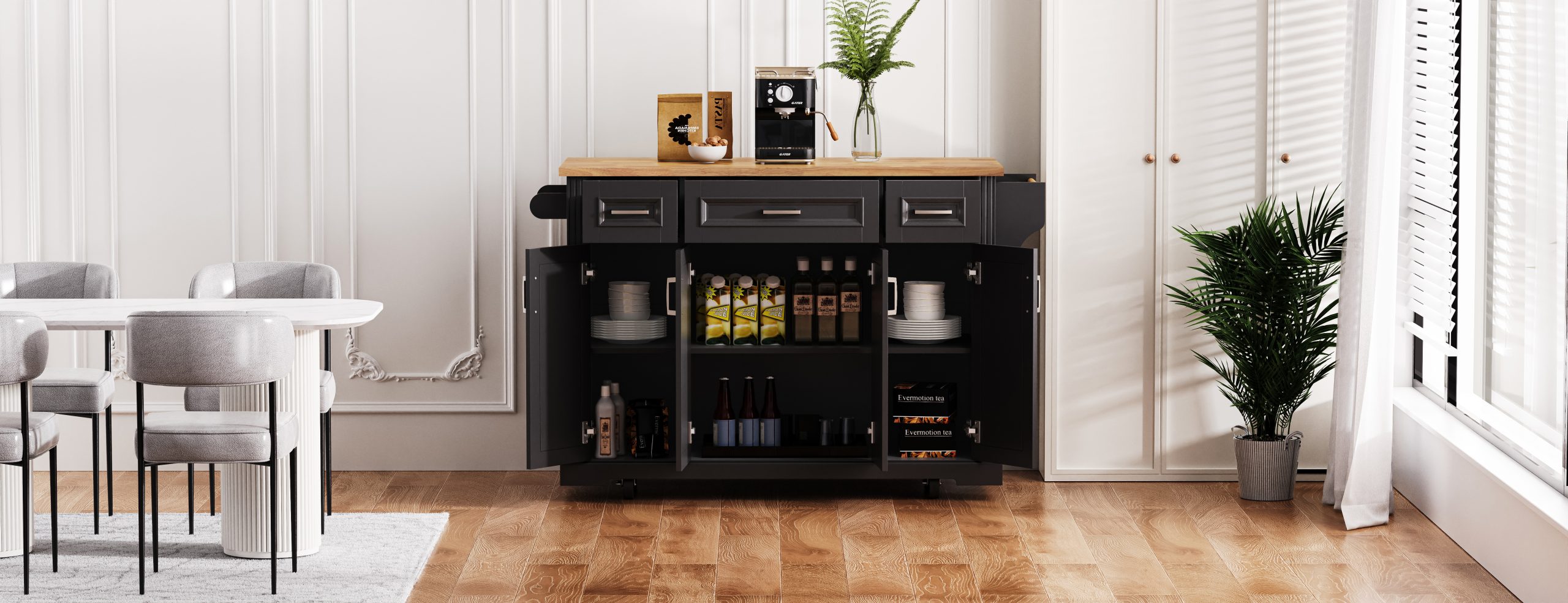 K&K 54inch Large Kitchen Island with Rubber Wood Drop Leaf, Embossed Texture Rolling Kitchen Cart on 4 Wheels with 4 Doors and 3 Drawers, Kitchen Island with Storage for Kitchen, Dining Room,Black - Image 2