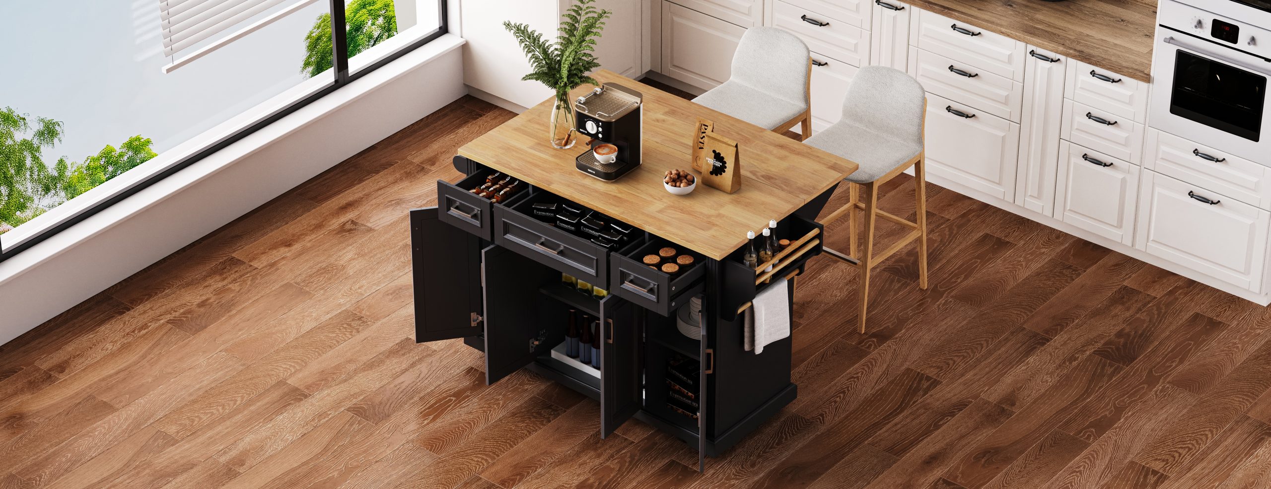 K&K 54inch Large Kitchen Island with Rubber Wood Drop Leaf, Embossed Texture Rolling Kitchen Cart on 4 Wheels with 4 Doors and 3 Drawers, Kitchen Island with Storage for Kitchen, Dining Room,Black - Image 3