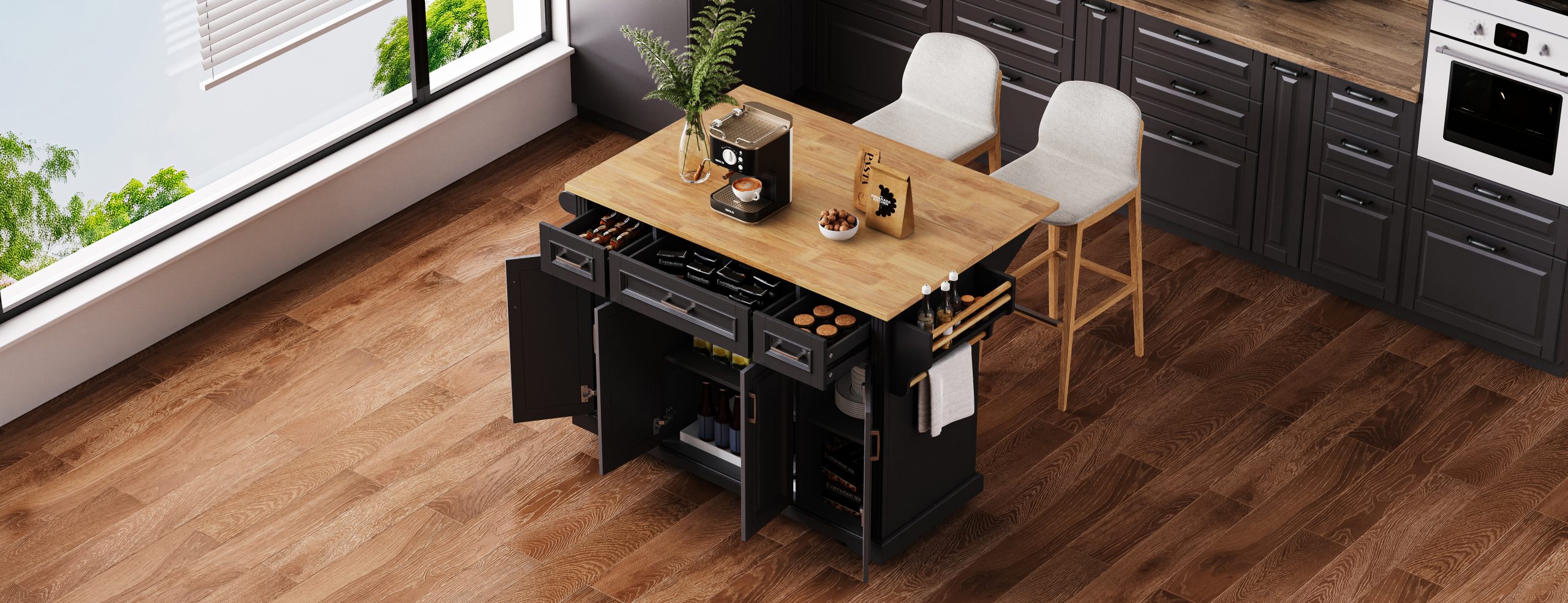 K&K 54inch Large Kitchen Island with Rubber Wood Drop Leaf, Embossed Texture Rolling Kitchen Cart on 4 Wheels with 4 Doors and 3 Drawers, Kitchen Island with Storage for Kitchen, Dining Room,Black - Image 4