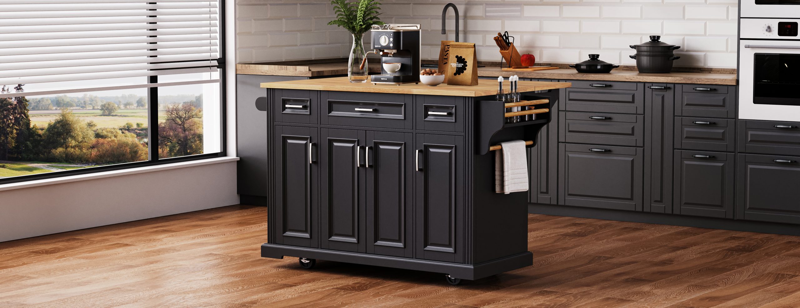 K&K 54inch Large Kitchen Island with Rubber Wood Drop Leaf, Embossed Texture Rolling Kitchen Cart on 4 Wheels with 4 Doors and 3 Drawers, Kitchen Island with Storage for Kitchen, Dining Room,Black - Image 5