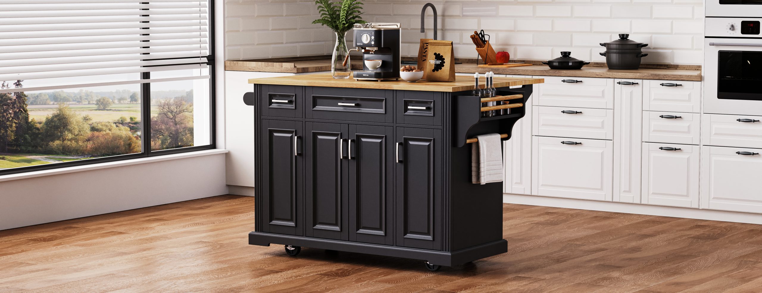 K&K 54inch Large Kitchen Island with Rubber Wood Drop Leaf, Embossed Texture Rolling Kitchen Cart on 4 Wheels with 4 Doors and 3 Drawers, Kitchen Island with Storage for Kitchen, Dining Room,Black - Image 6