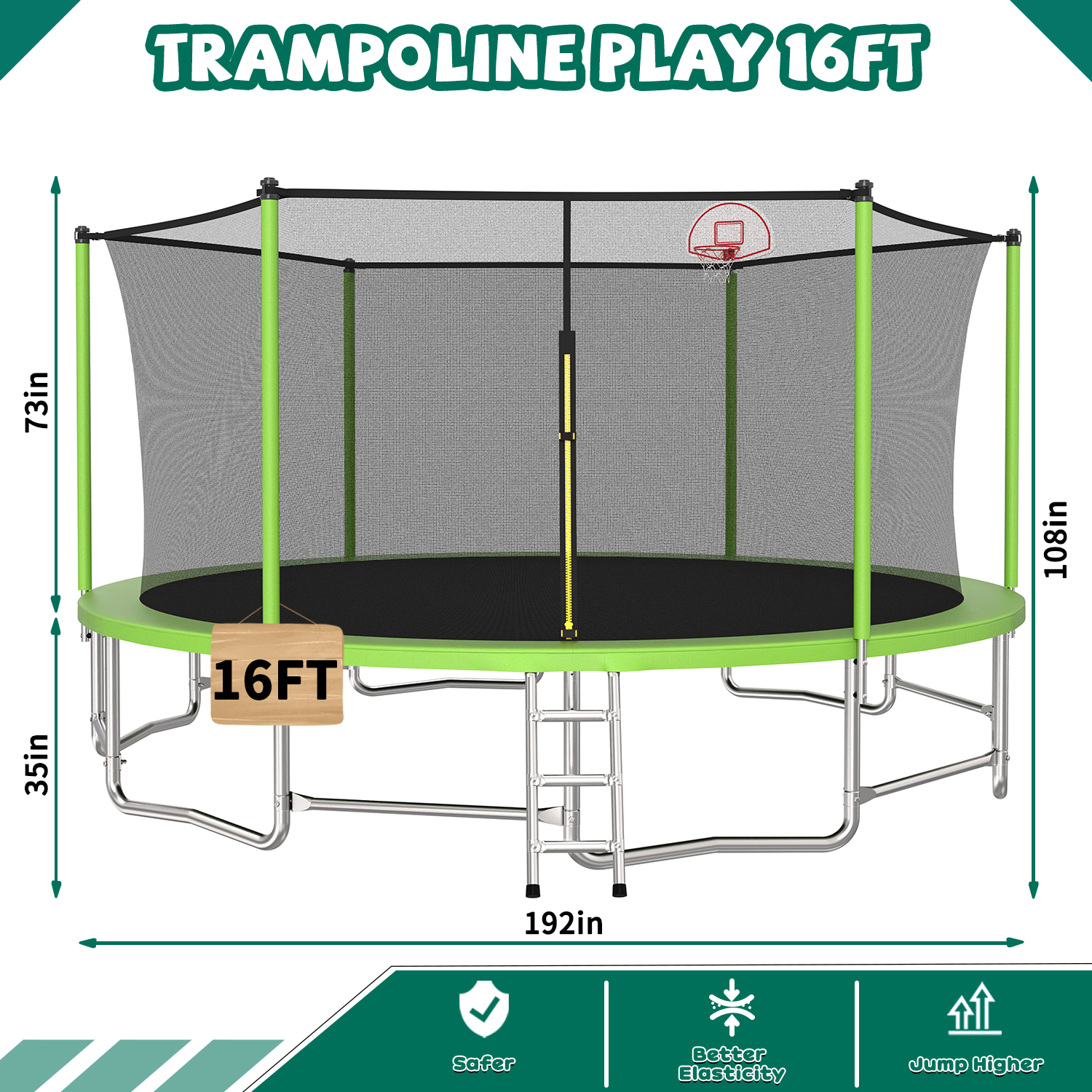 16FT Trampoline with Balance Bar & Basketball Hoop&Ball, ASTM Approved Reinforced Type Outdoor Trampoline with Enclosure Net - Image 4