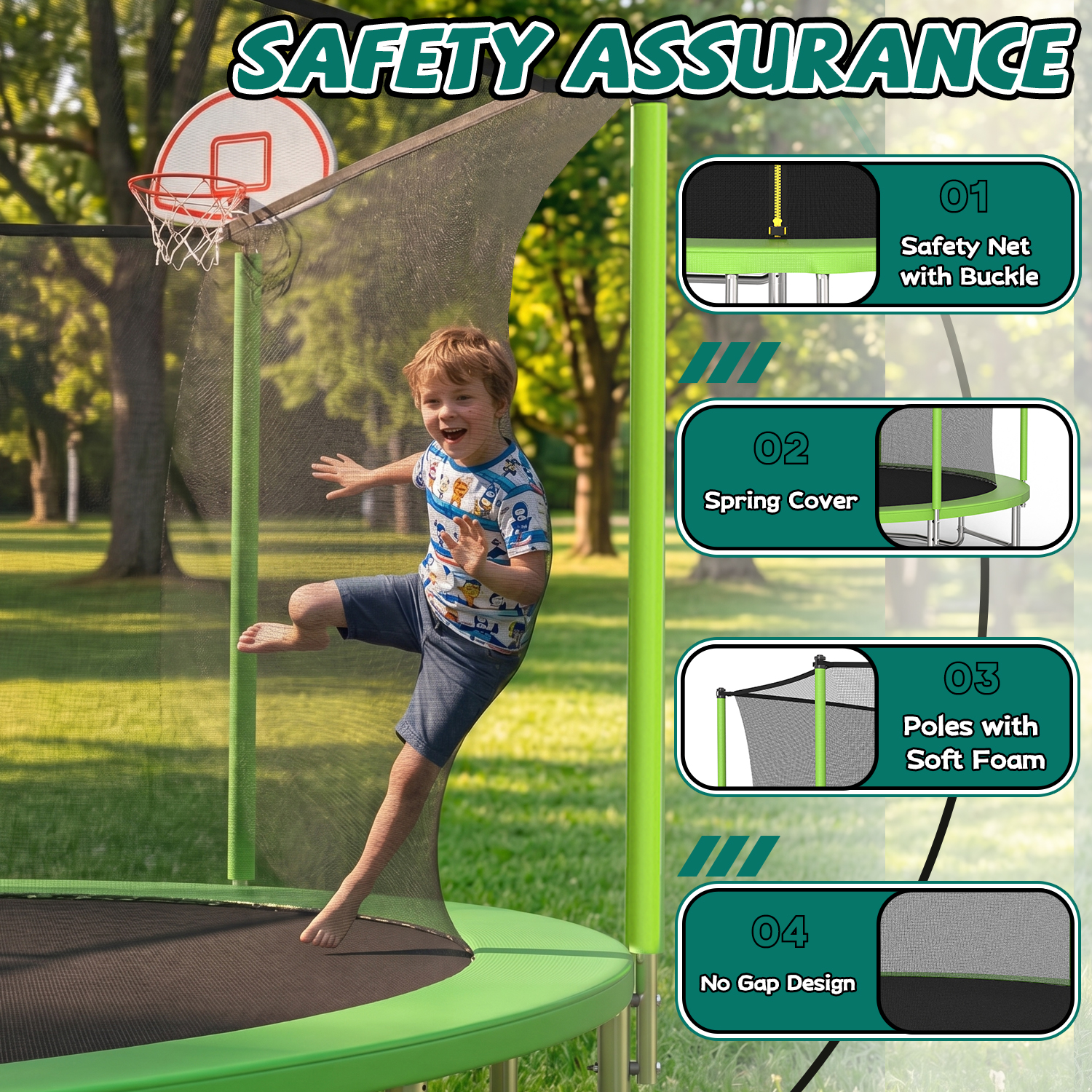 16FT Trampoline with Balance Bar & Basketball Hoop&Ball, ASTM Approved Reinforced Type Outdoor Trampoline with Enclosure Net - Image 5