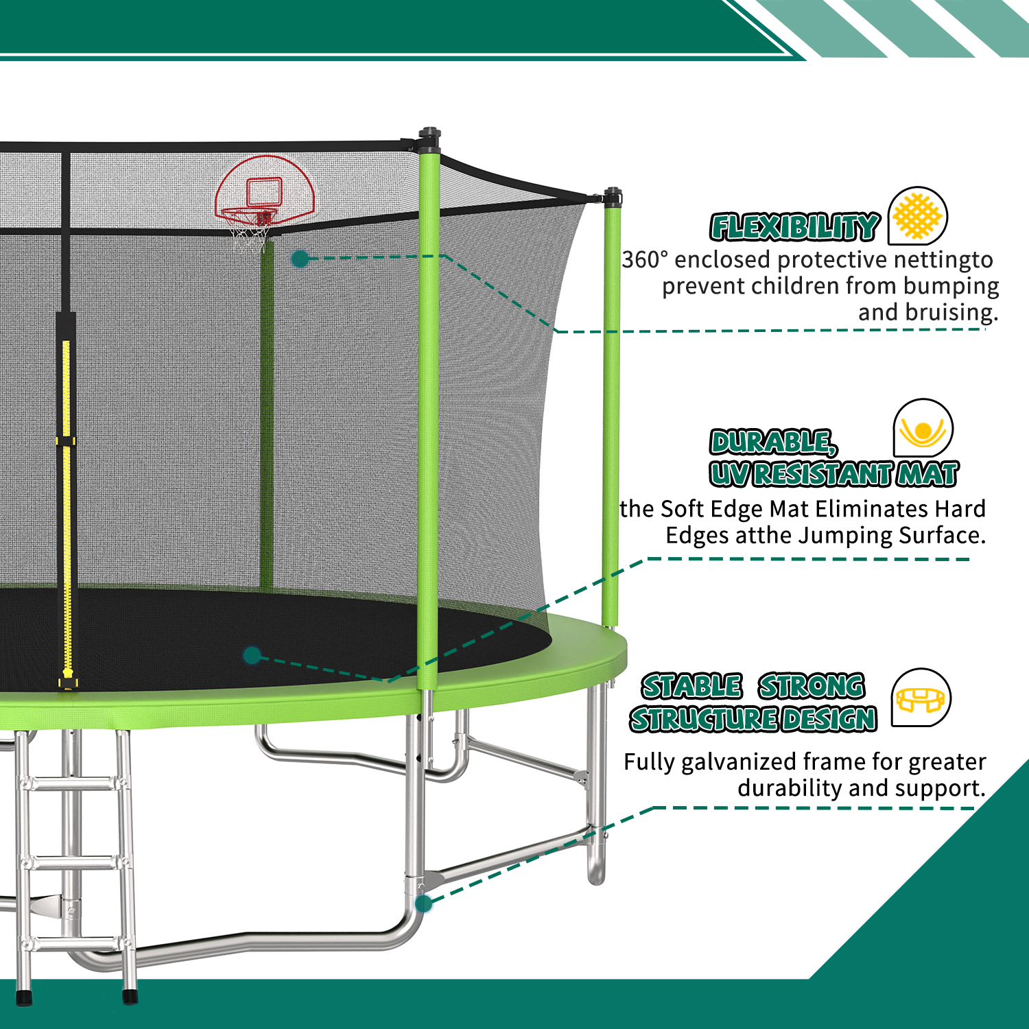 16FT Trampoline with Balance Bar & Basketball Hoop&Ball, ASTM Approved Reinforced Type Outdoor Trampoline with Enclosure Net - Image 6