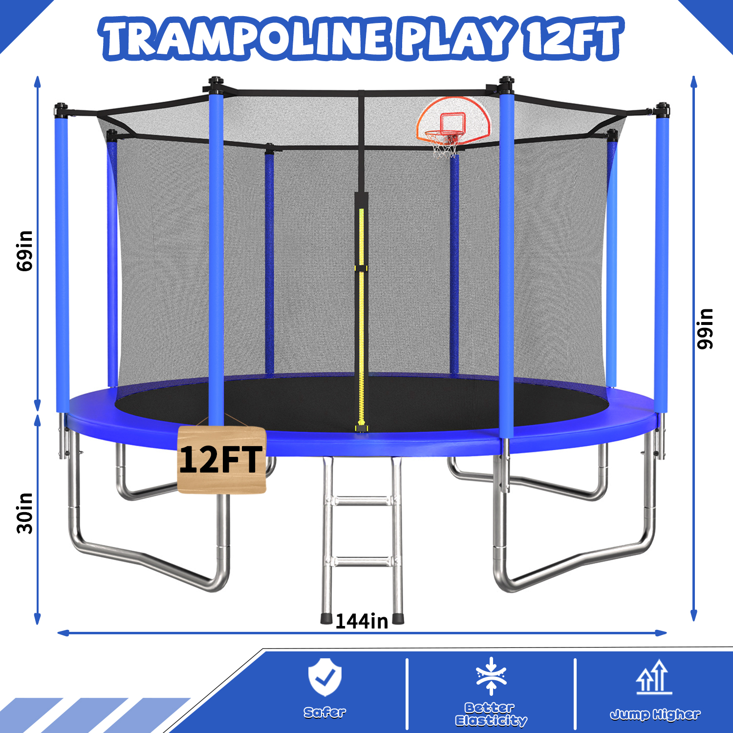12FT Trampoline for Kids & Adults with Basketball Hoop and Ball ,Recreational Trampolines with Safety Enclosure for Back Yard Outdoor - Image 2