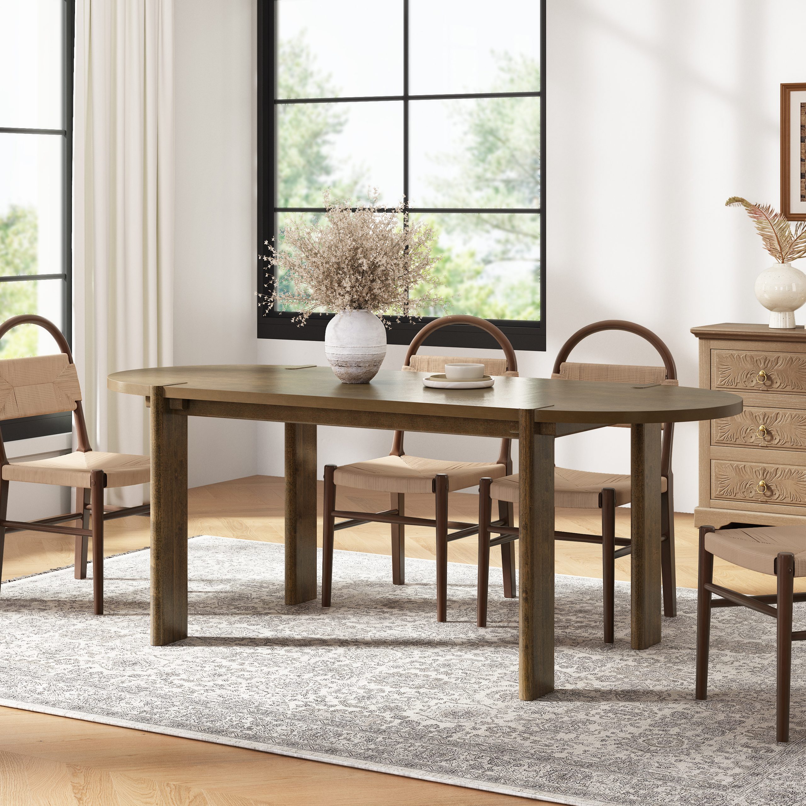 Modern Wooden Dining Table for 4 to 6 People, 71" Large Kitchen Dining Table with Wood Pedestal Base, Mid Century Oval Long Dinner Table for Home Dining Room Restaurant, Walnut - Image 2
