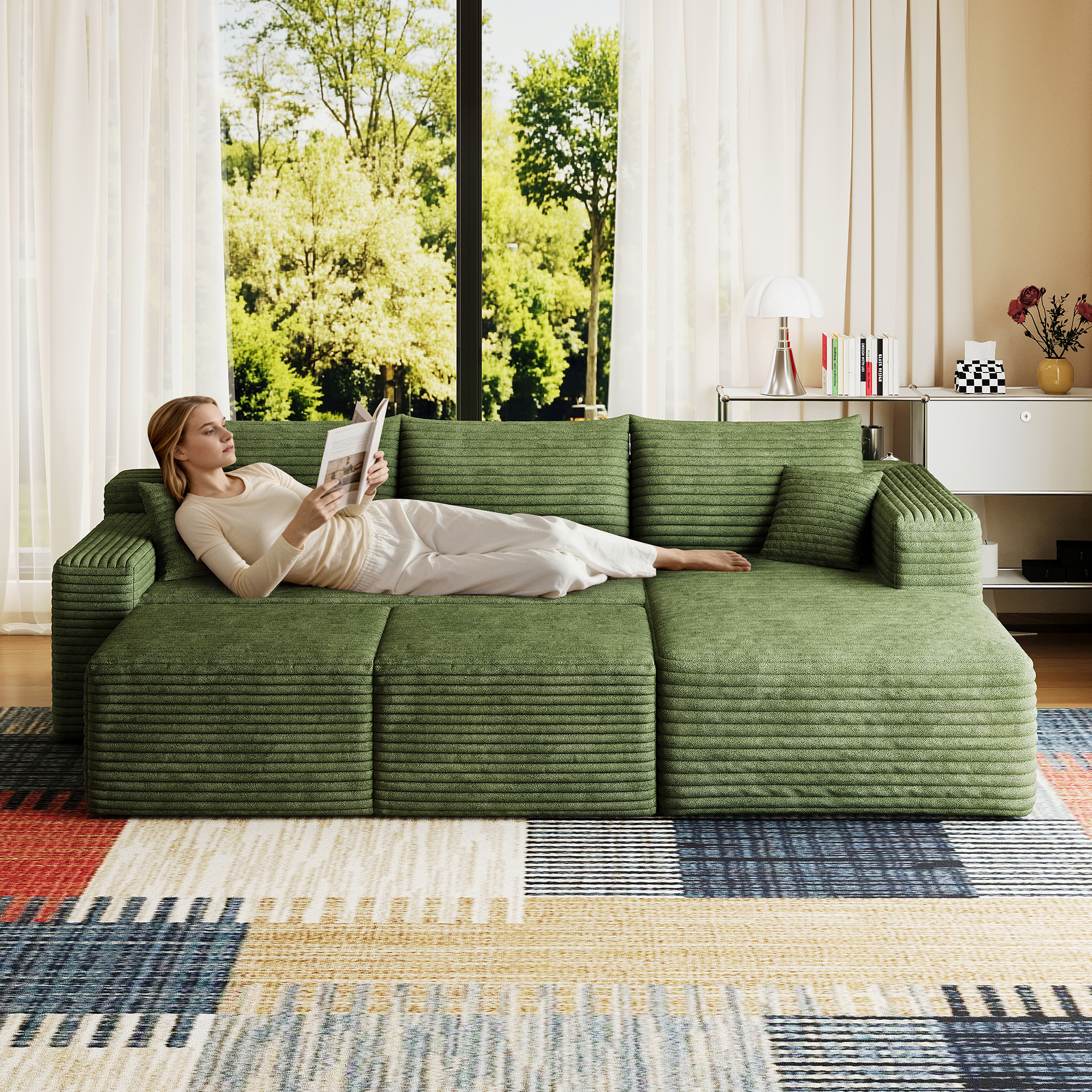 95" Cloud Sectional Sofa with 2 Ottoman,Modern Minimalist Upholstered Couches, Comfort U Shaped Sofa for Living Room,Deep Seat Corner Couch,No Assembly Required,Green(Plush Corduroy Fabric) - Image 2
