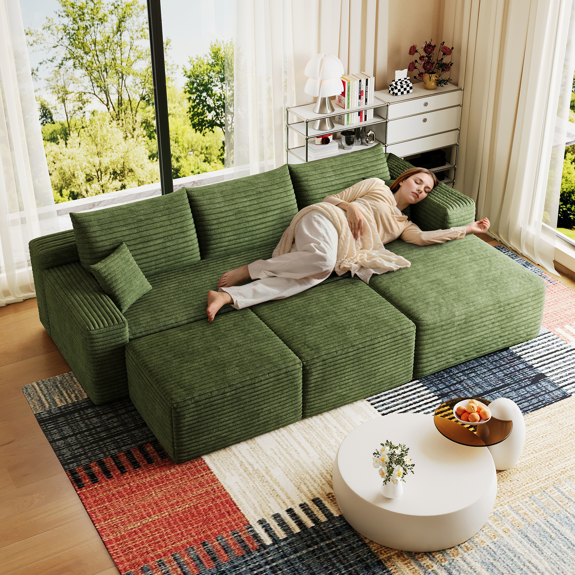 95" Cloud Sectional Sofa with 2 Ottoman,Modern Minimalist Upholstered Couches, Comfort U Shaped Sofa for Living Room,Deep Seat Corner Couch,No Assembly Required,Green(Plush Corduroy Fabric) - Image 3