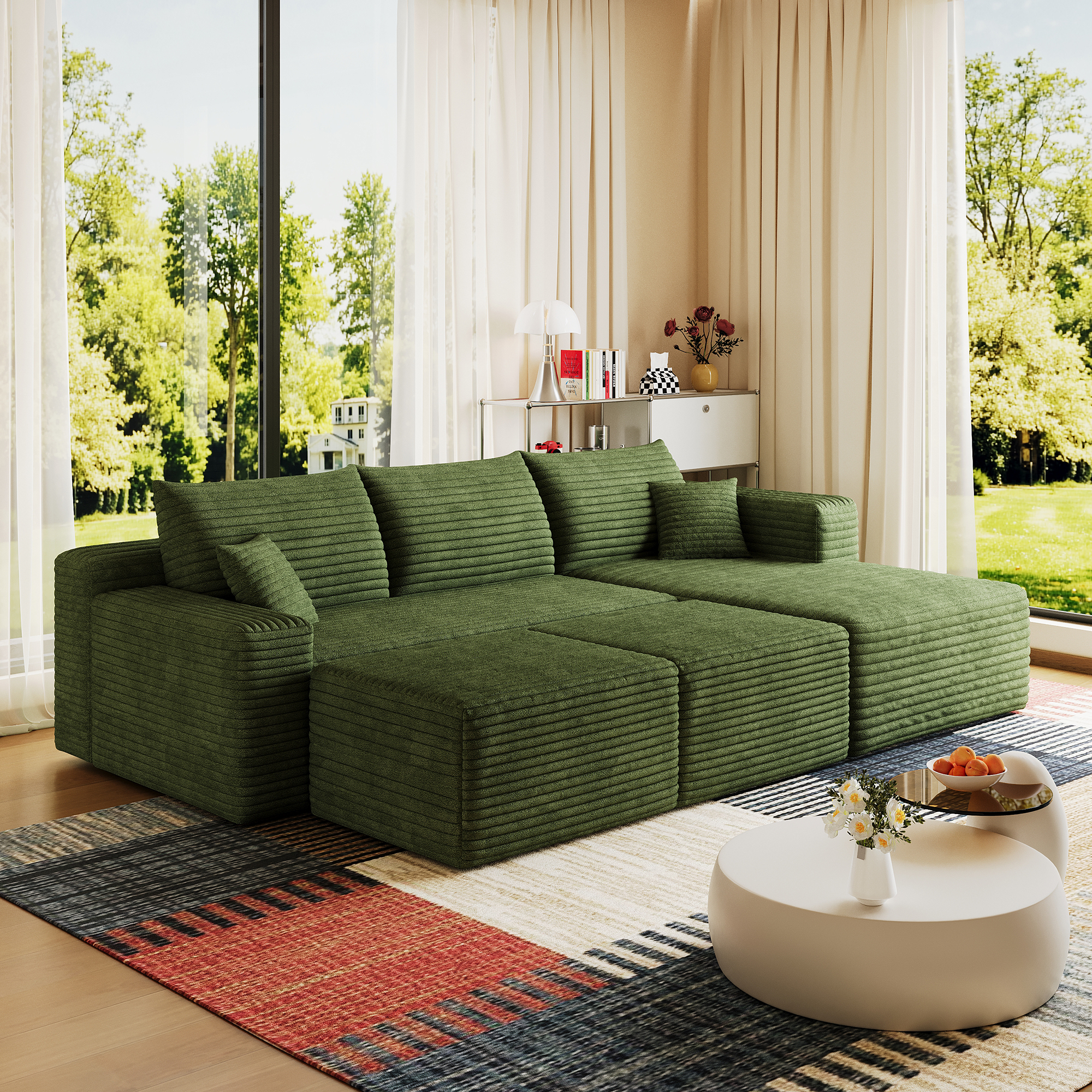 95" Cloud Sectional Sofa with 2 Ottoman,Modern Minimalist Upholstered Couches, Comfort U Shaped Sofa for Living Room,Deep Seat Corner Couch,No Assembly Required,Green(Plush Corduroy Fabric) - Image 4