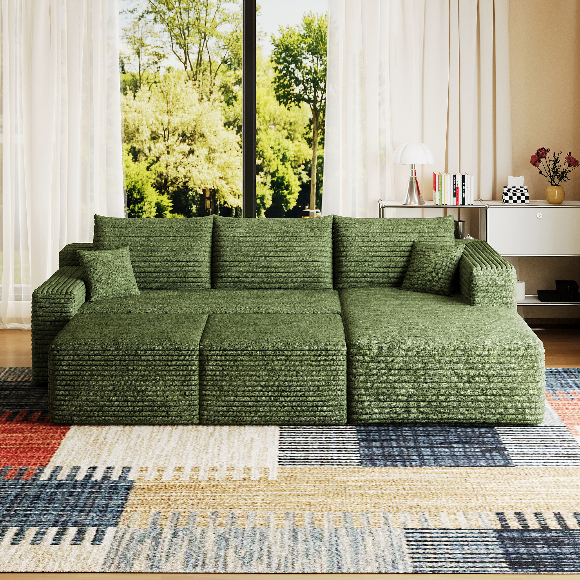 95" Cloud Sectional Sofa with 2 Ottoman,Modern Minimalist Upholstered Couches, Comfort U Shaped Sofa for Living Room,Deep Seat Corner Couch,No Assembly Required,Green(Plush Corduroy Fabric) - Image 5