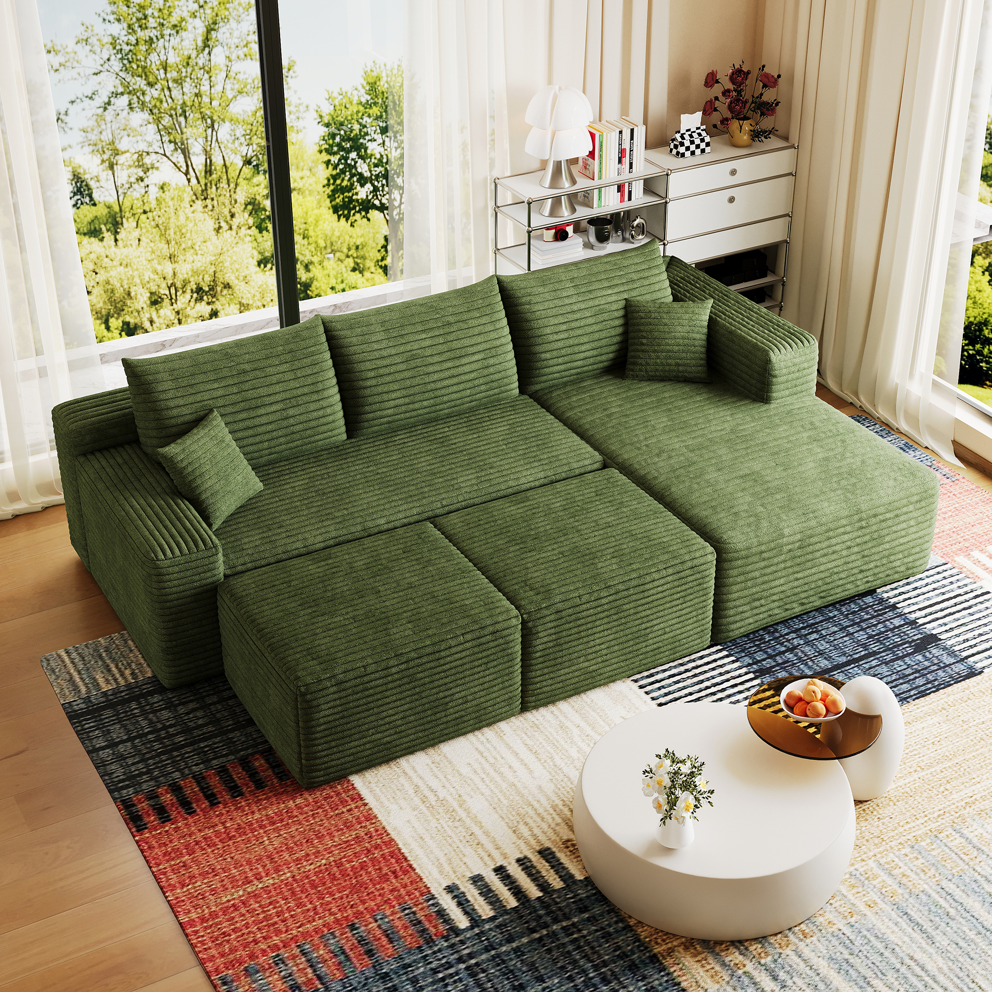95" Cloud Sectional Sofa with 2 Ottoman,Modern Minimalist Upholstered Couches, Comfort U Shaped Sofa for Living Room,Deep Seat Corner Couch,No Assembly Required,Green(Plush Corduroy Fabric) - Image 6