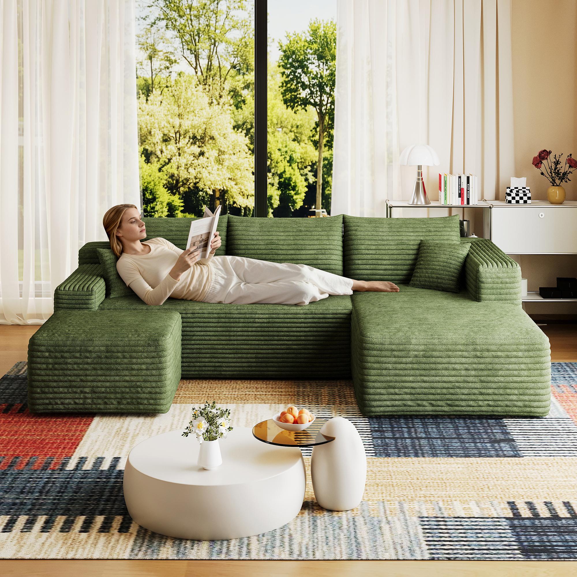 95" Cloud Sectional Sofa with 1 Ottoman,Modern Minimalist Upholstered Couches, Comfort U Shaped Sofa for Living Room,Deep Seat Corner Couch,No Assembly Required,Green((Plush Corduroy Fabric) - Image 2