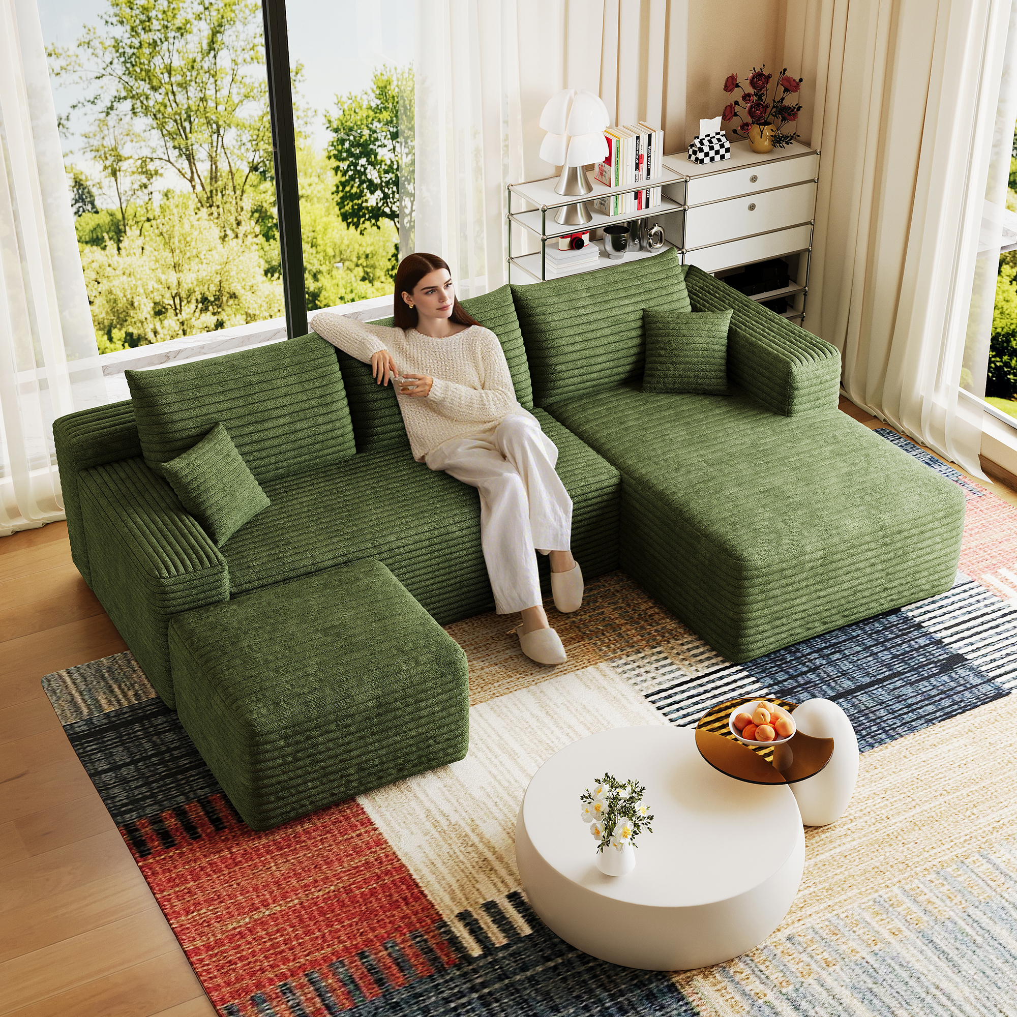 95" Cloud Sectional Sofa with 1 Ottoman,Modern Minimalist Upholstered Couches, Comfort U Shaped Sofa for Living Room,Deep Seat Corner Couch,No Assembly Required,Green((Plush Corduroy Fabric) - Image 3
