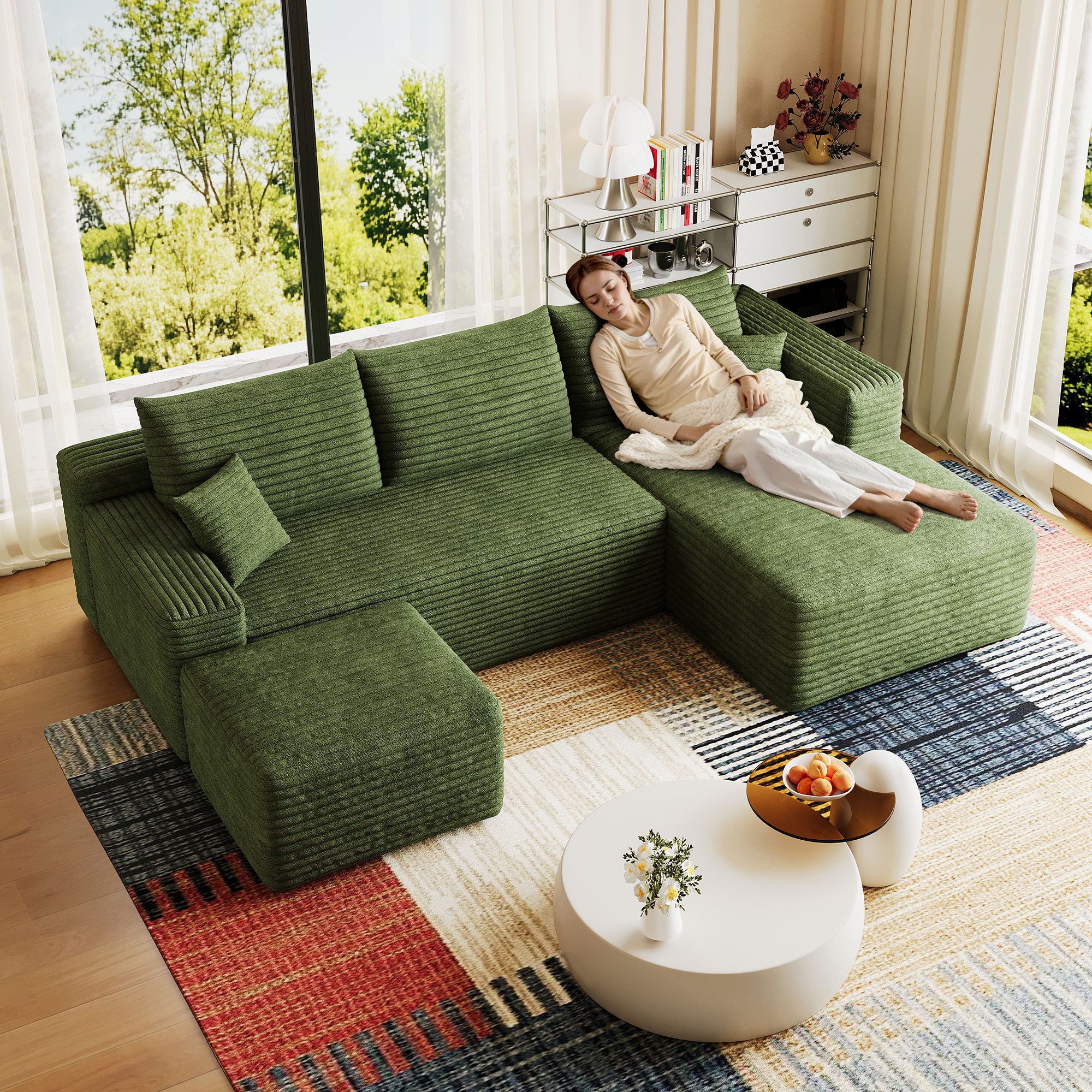 95" Cloud Sectional Sofa with 1 Ottoman,Modern Minimalist Upholstered Couches, Comfort U Shaped Sofa for Living Room,Deep Seat Corner Couch,No Assembly Required,Green((Plush Corduroy Fabric) - Image 4