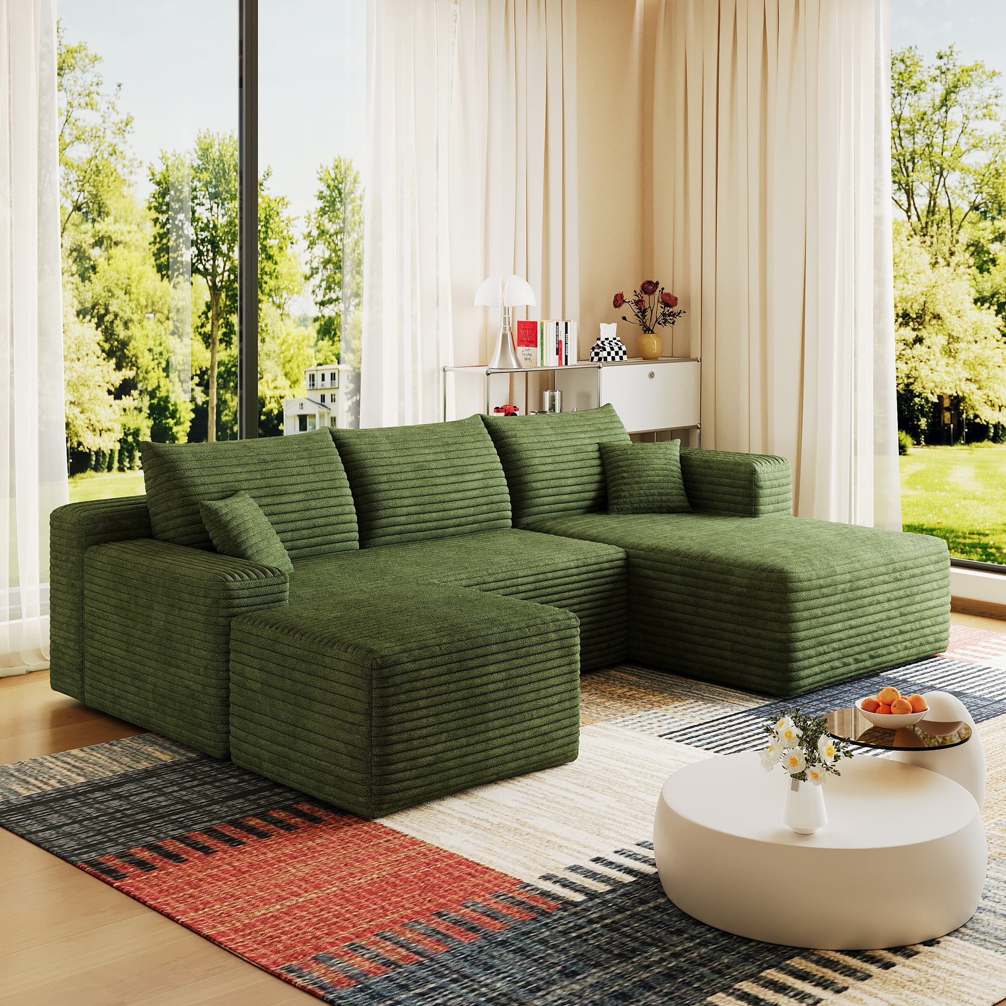 95" Cloud Sectional Sofa with 1 Ottoman,Modern Minimalist Upholstered Couches, Comfort U Shaped Sofa for Living Room,Deep Seat Corner Couch,No Assembly Required,Green((Plush Corduroy Fabric) - Image 5