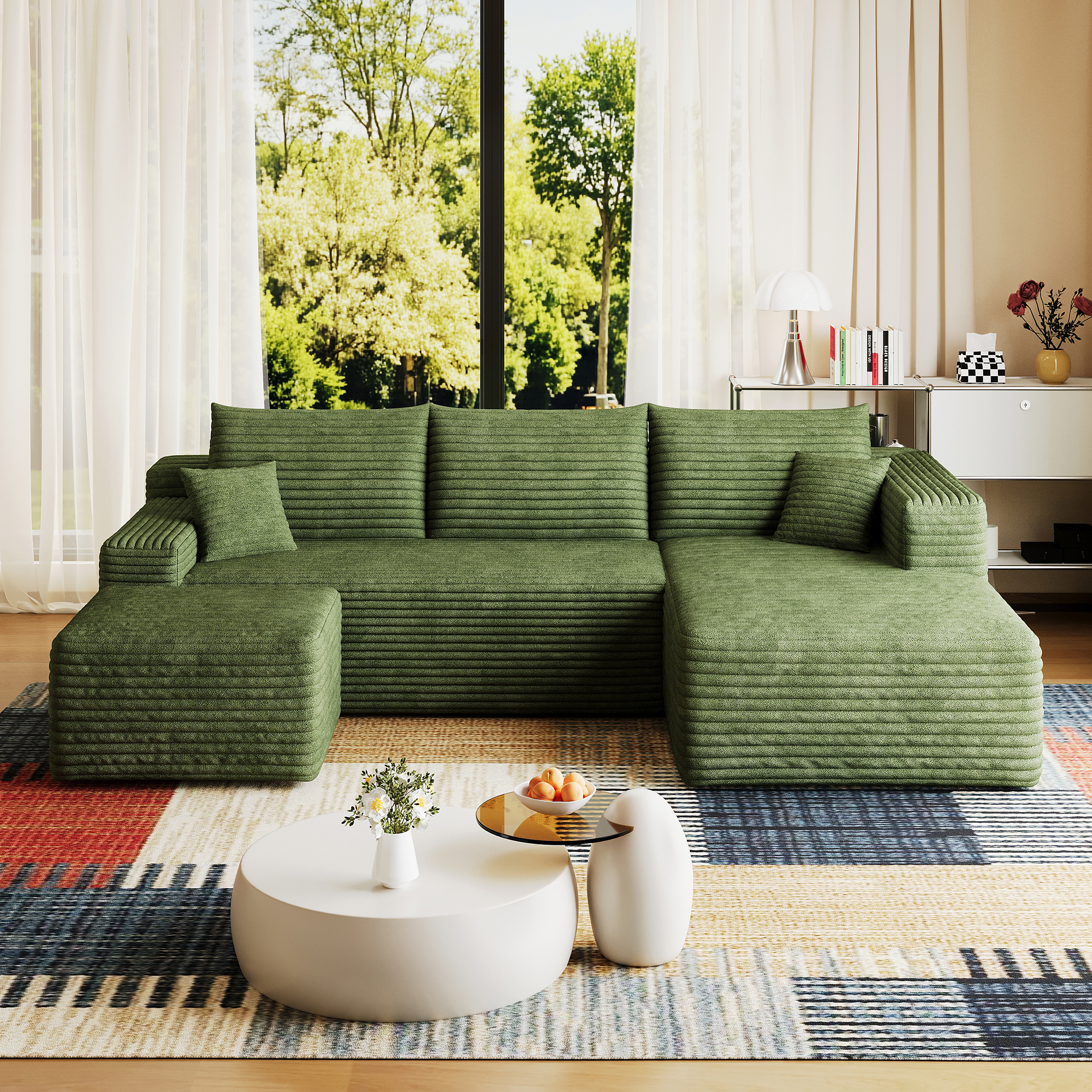 95" Cloud Sectional Sofa with 1 Ottoman,Modern Minimalist Upholstered Couches, Comfort U Shaped Sofa for Living Room,Deep Seat Corner Couch,No Assembly Required,Green((Plush Corduroy Fabric) - Image 6