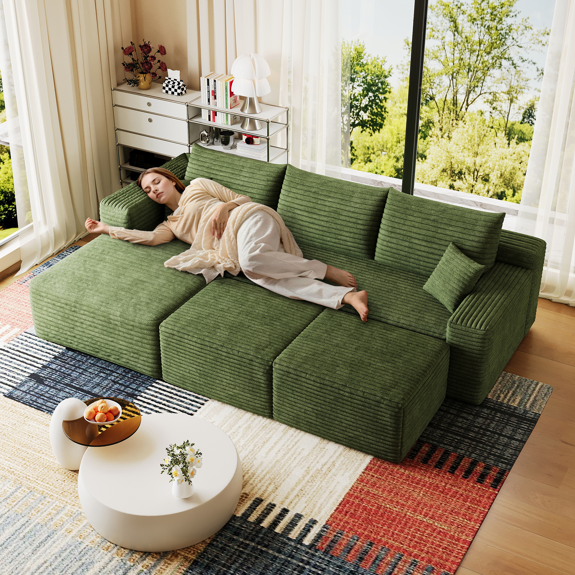 95" Cloud Sectional Sofa with 2 Ottoman,Modern Minimalist Upholstered Couches, Comfort U Shaped Sofa for Living Room,Deep Seat Corner Couch,No Assembly Required,Green(Plush Corduroy Fabric) - Image 3