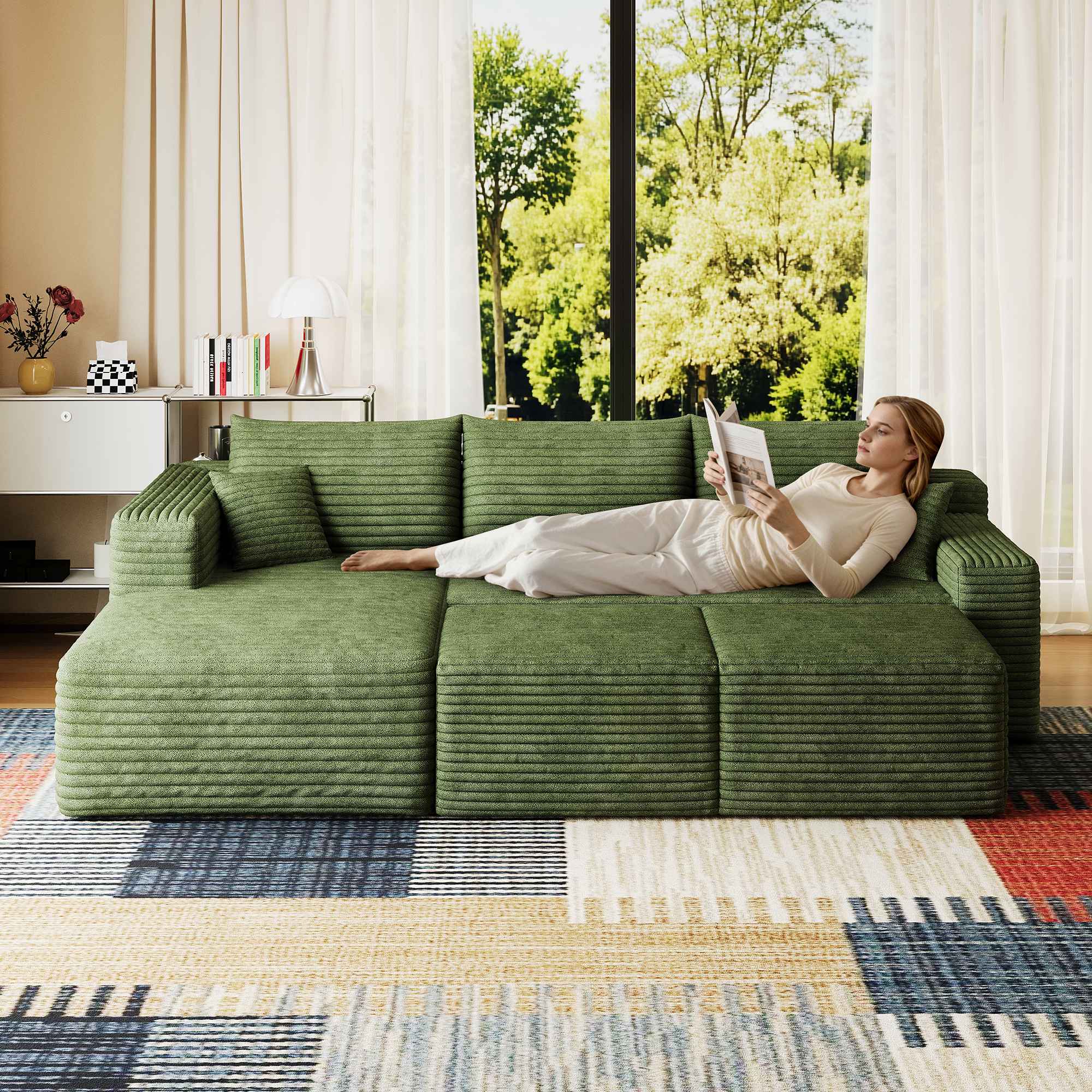 95" Cloud Sectional Sofa with 2 Ottoman,Modern Minimalist Upholstered Couches, Comfort U Shaped Sofa for Living Room,Deep Seat Corner Couch,No Assembly Required,Green(Plush Corduroy Fabric) - Image 2