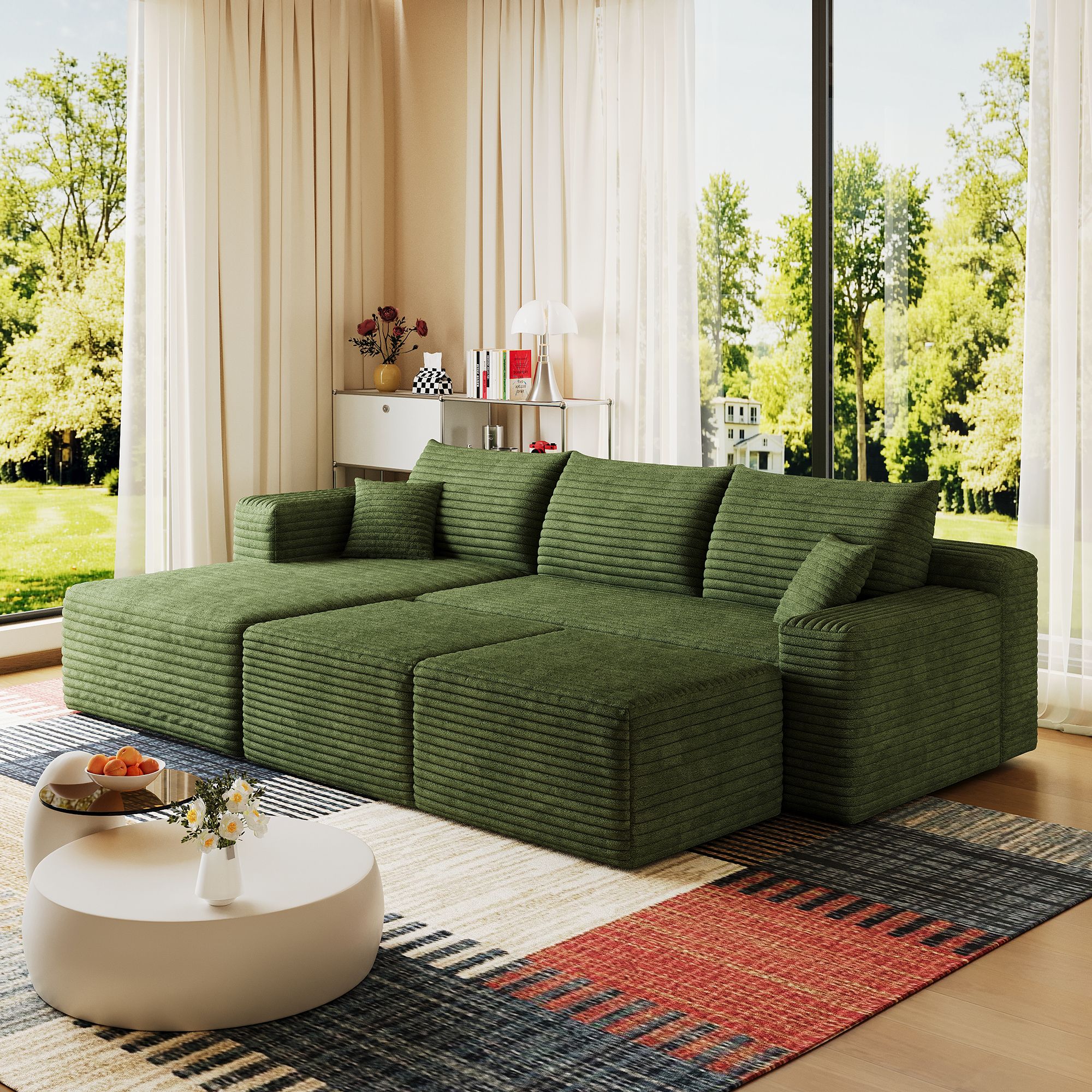 95" Cloud Sectional Sofa with 2 Ottoman,Modern Minimalist Upholstered Couches, Comfort U Shaped Sofa for Living Room,Deep Seat Corner Couch,No Assembly Required,Green(Plush Corduroy Fabric) - Image 4