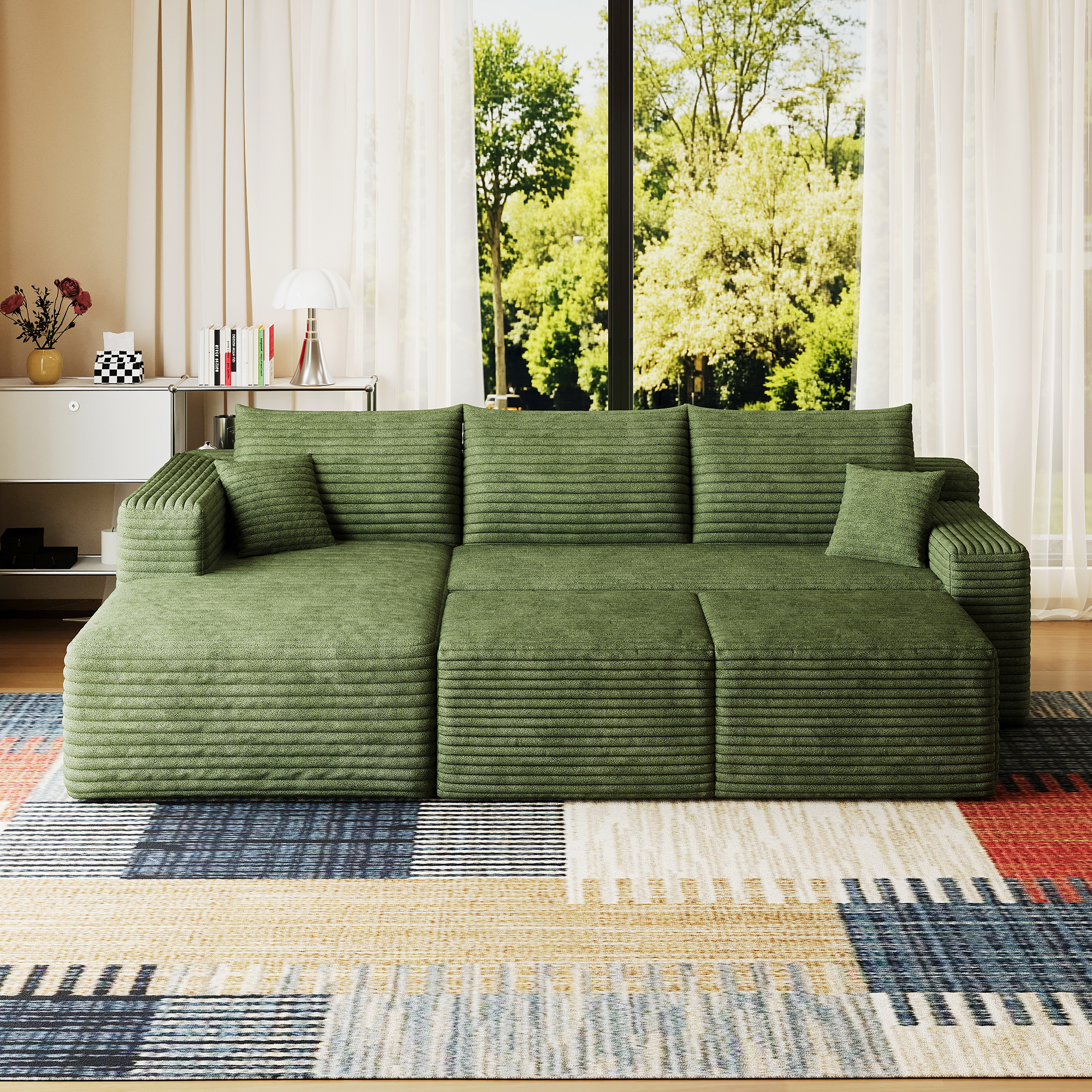 95" Cloud Sectional Sofa with 2 Ottoman,Modern Minimalist Upholstered Couches, Comfort U Shaped Sofa for Living Room,Deep Seat Corner Couch,No Assembly Required,Green(Plush Corduroy Fabric) - Image 5