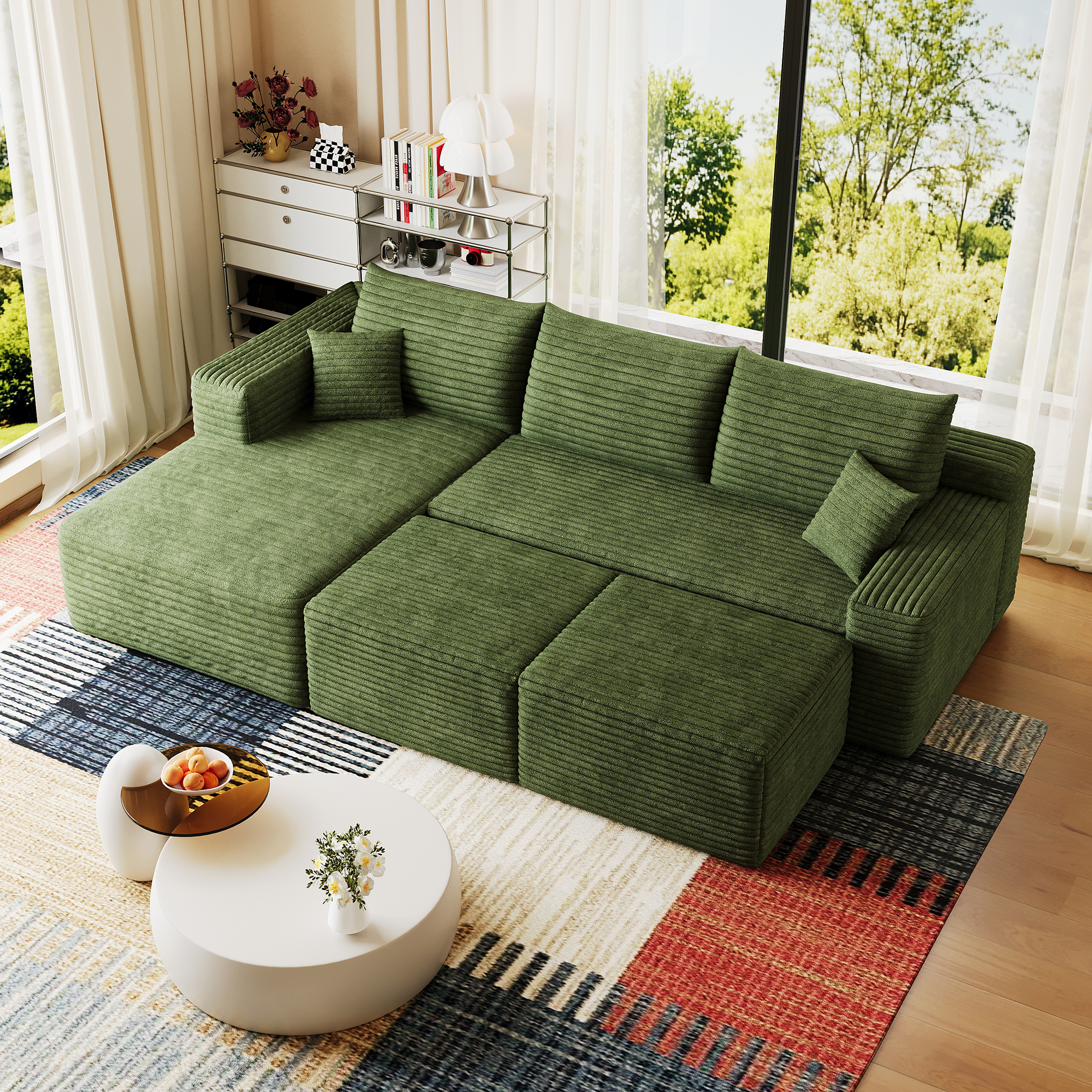 95" Cloud Sectional Sofa with 2 Ottoman,Modern Minimalist Upholstered Couches, Comfort U Shaped Sofa for Living Room,Deep Seat Corner Couch,No Assembly Required,Green(Plush Corduroy Fabric) - Image 6