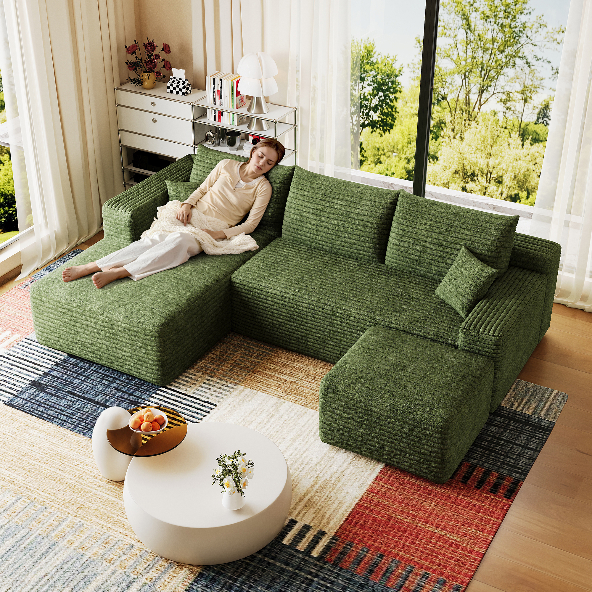 95" Cloud Sectional Sofa with 1 Ottoman,Modern Minimalist Upholstered Couches, Comfort U Shaped Sofa for Living Room,Deep Seat Corner Couch,No Assembly Required,Green((Plush Corduroy Fabric) - Image 3