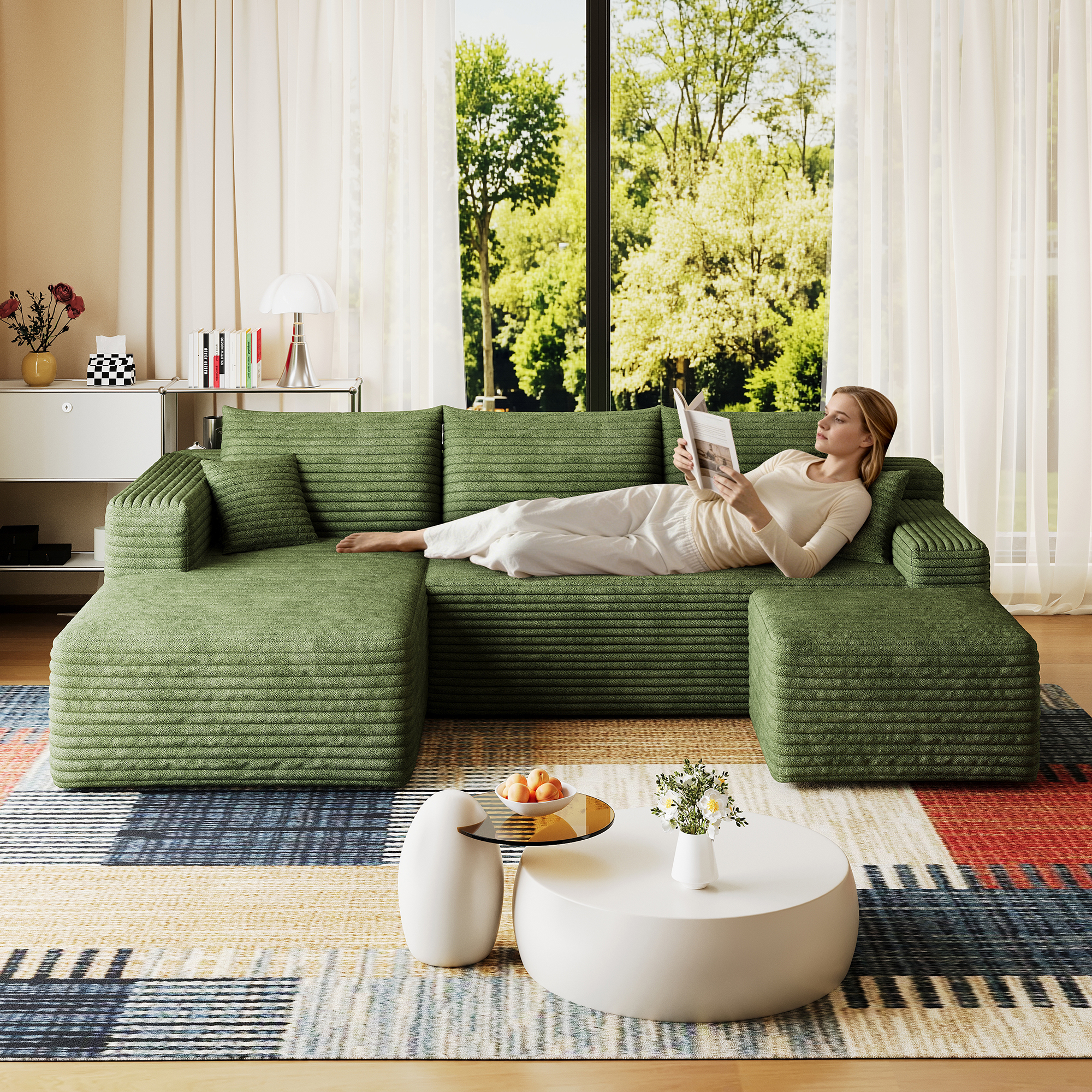 95" Cloud Sectional Sofa with 1 Ottoman,Modern Minimalist Upholstered Couches, Comfort U Shaped Sofa for Living Room,Deep Seat Corner Couch,No Assembly Required,Green((Plush Corduroy Fabric) - Image 2