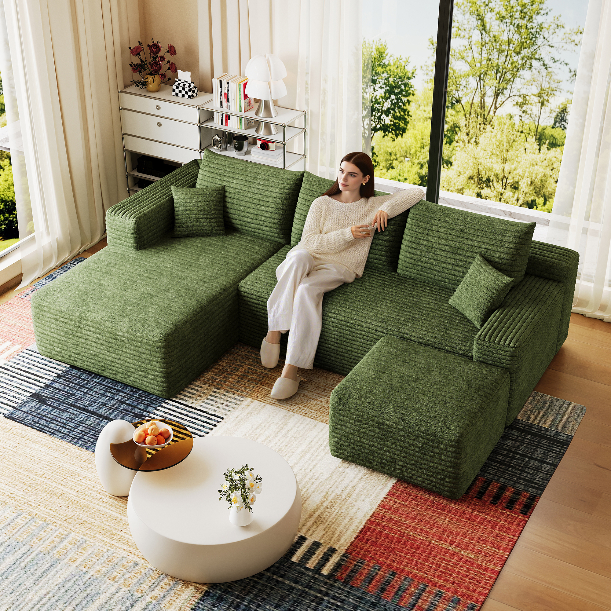 95" Cloud Sectional Sofa with 1 Ottoman,Modern Minimalist Upholstered Couches, Comfort U Shaped Sofa for Living Room,Deep Seat Corner Couch,No Assembly Required,Green((Plush Corduroy Fabric) - Image 4
