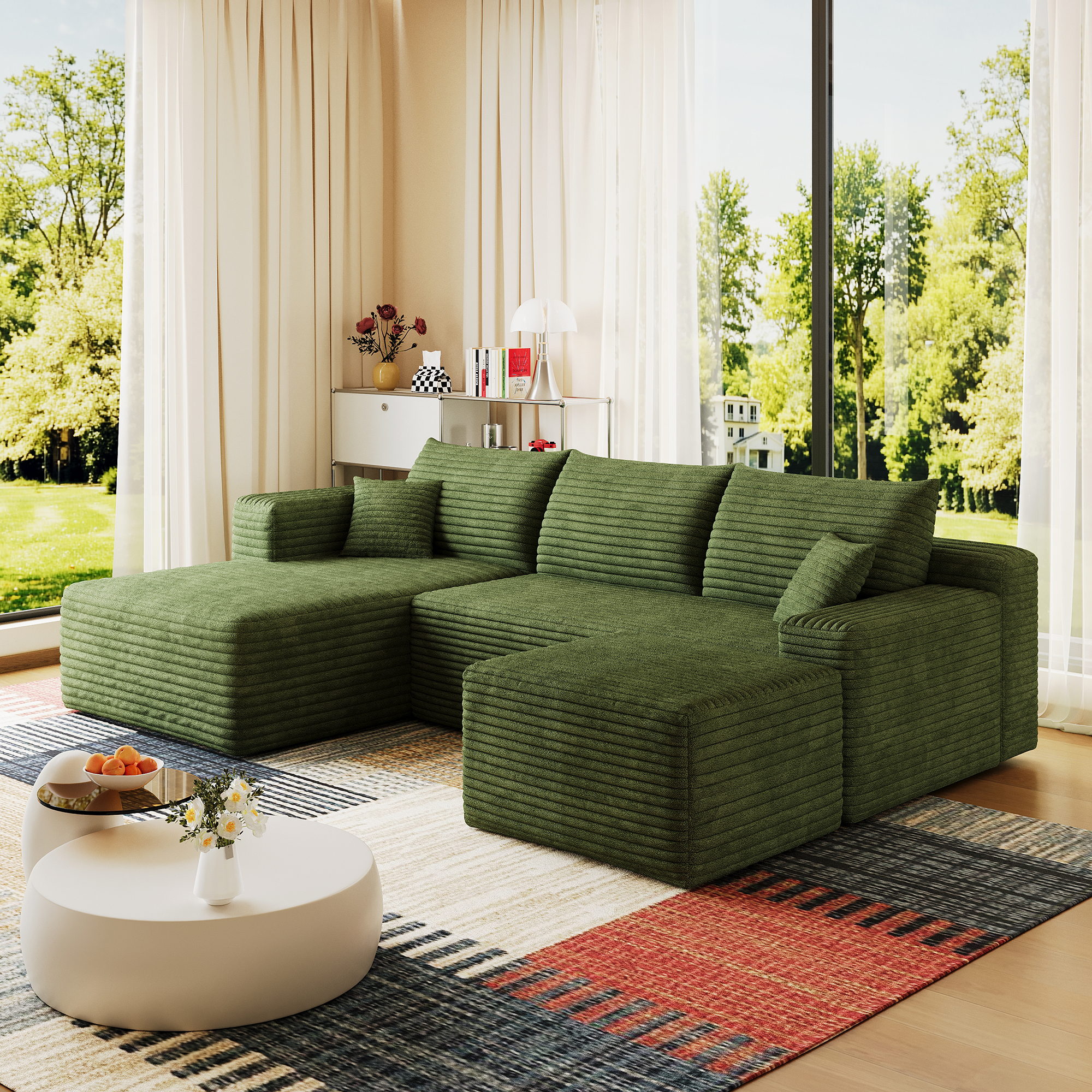 95" Cloud Sectional Sofa with 1 Ottoman,Modern Minimalist Upholstered Couches, Comfort U Shaped Sofa for Living Room,Deep Seat Corner Couch,No Assembly Required,Green((Plush Corduroy Fabric) - Image 5