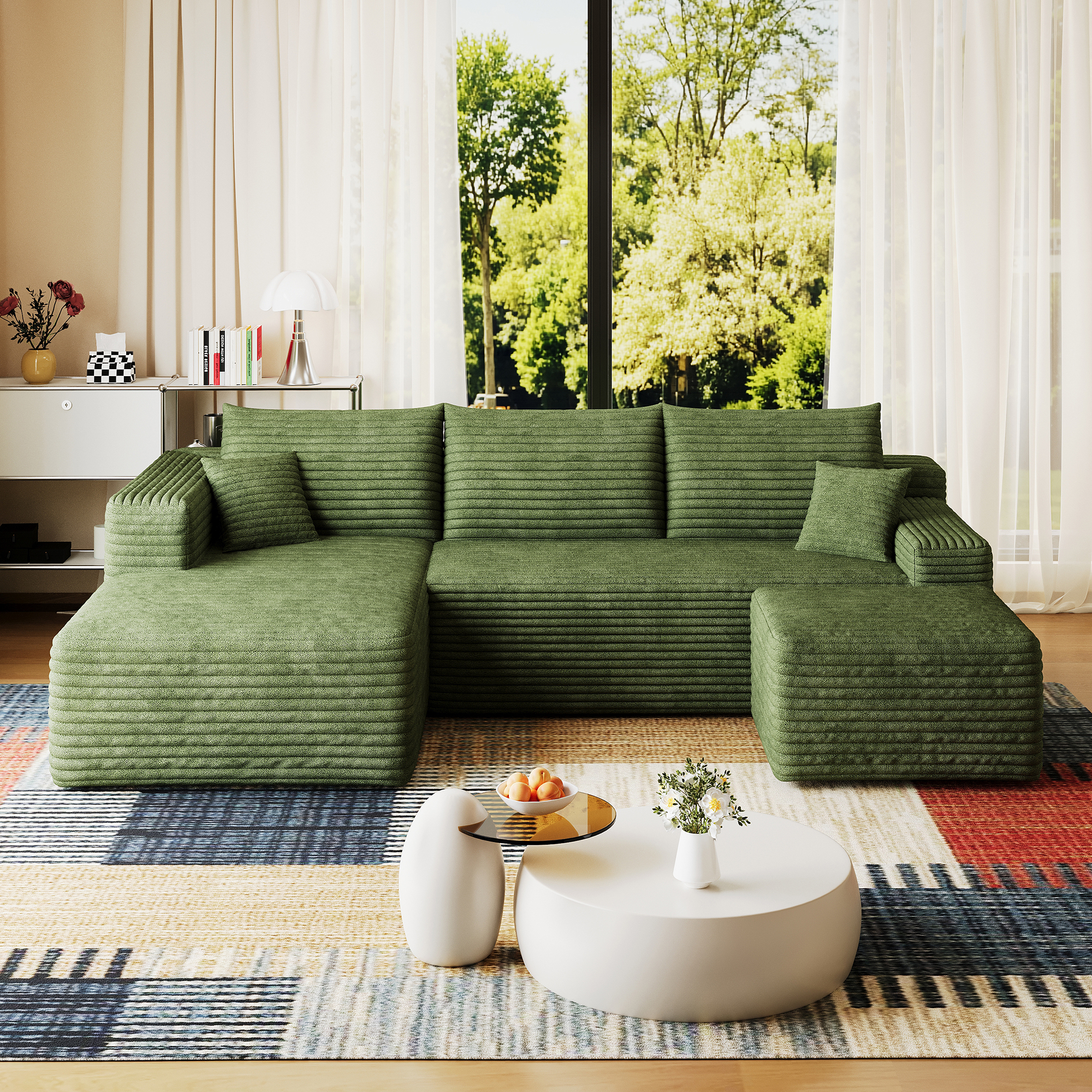 95" Cloud Sectional Sofa with 1 Ottoman,Modern Minimalist Upholstered Couches, Comfort U Shaped Sofa for Living Room,Deep Seat Corner Couch,No Assembly Required,Green((Plush Corduroy Fabric) - Image 6