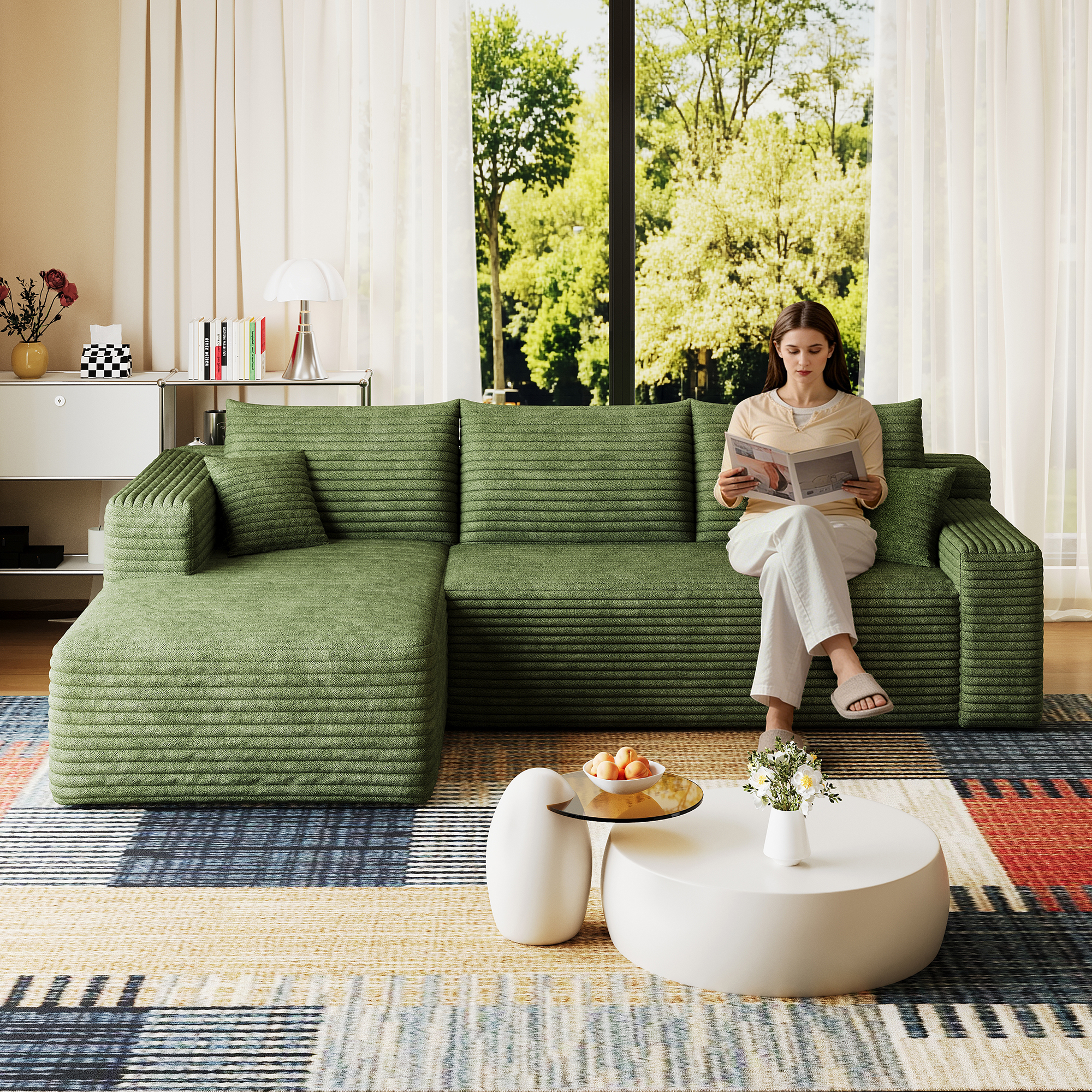 95" Cloud Sectional Sofa,Modern Minimalist Upholstered Couches, Comfort U Shaped Sofa for Living Room,Deep Seat Corner Couch,No Assembly Required,Green( (Plush Corduroy Fabric) - Image 2