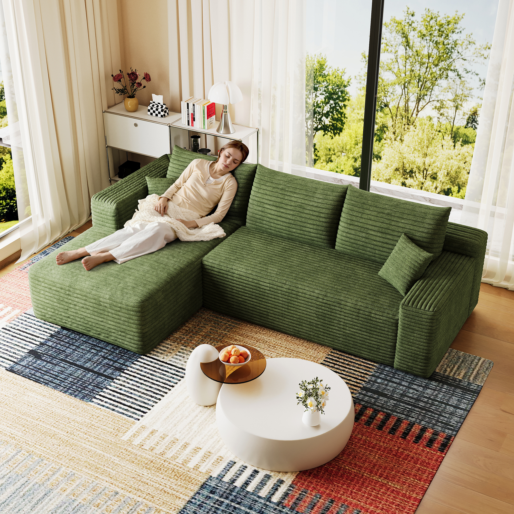 95" Cloud Sectional Sofa,Modern Minimalist Upholstered Couches, Comfort U Shaped Sofa for Living Room,Deep Seat Corner Couch,No Assembly Required,Green( (Plush Corduroy Fabric) - Image 3