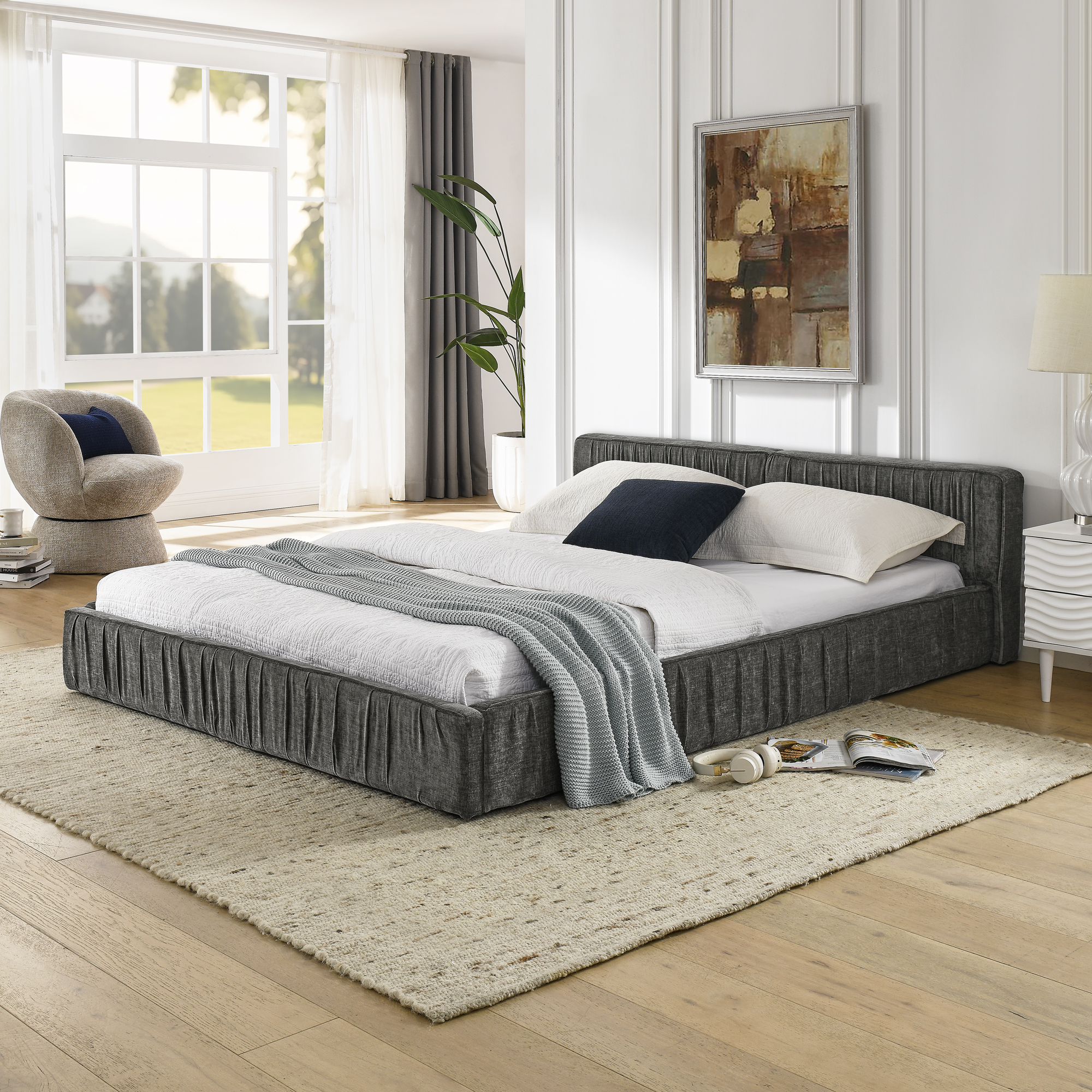 Queen Size Upholstered Bed Frame with Chenille fabric with pleated design,Grounded Queen Size Platform Bed with Headboard and Solid Frame. No Box Spring Needed-Grey(88"*67"*23.5") - Image 1