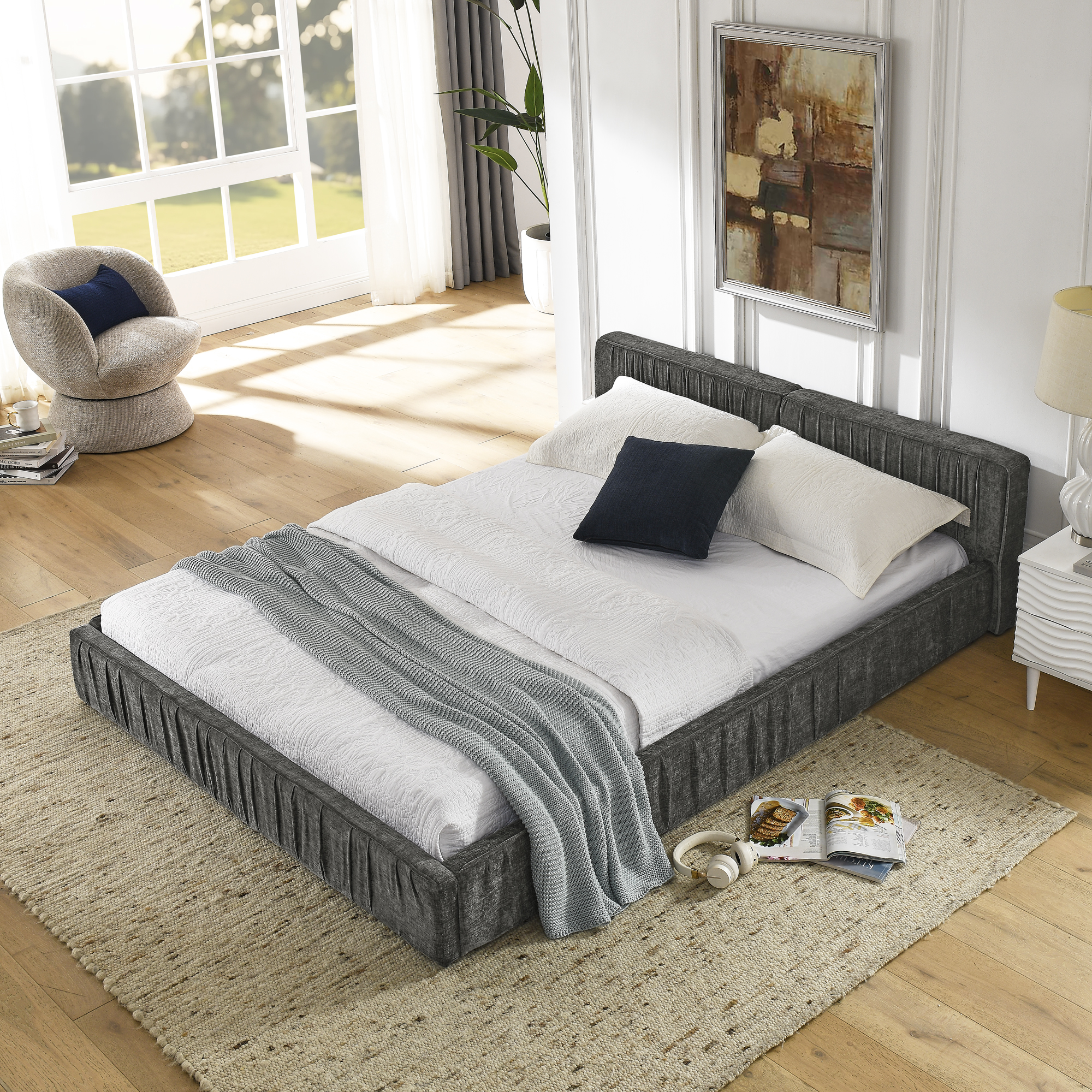 Queen Size Upholstered Bed Frame with Chenille fabric with pleated design,Grounded Queen Size Platform Bed with Headboard and Solid Frame. No Box Spring Needed-Grey(88"*67"*23.5") - Image 2