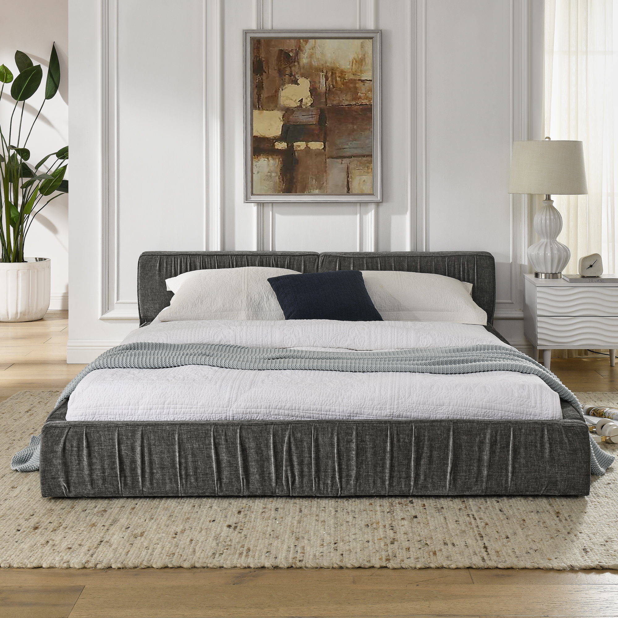 Queen Size Upholstered Bed Frame with Chenille fabric with pleated design,Grounded Queen Size Platform Bed with Headboard and Solid Frame. No Box Spring Needed-Grey(88"*67"*23.5") - Image 3