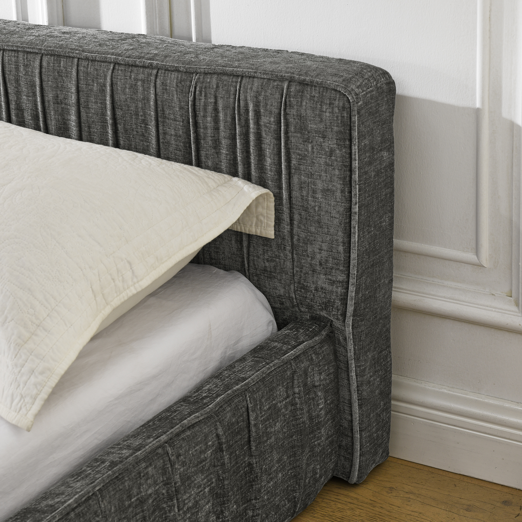 Queen Size Upholstered Bed Frame with Chenille fabric with pleated design,Grounded Queen Size Platform Bed with Headboard and Solid Frame. No Box Spring Needed-Grey(88"*67"*23.5") - Image 5