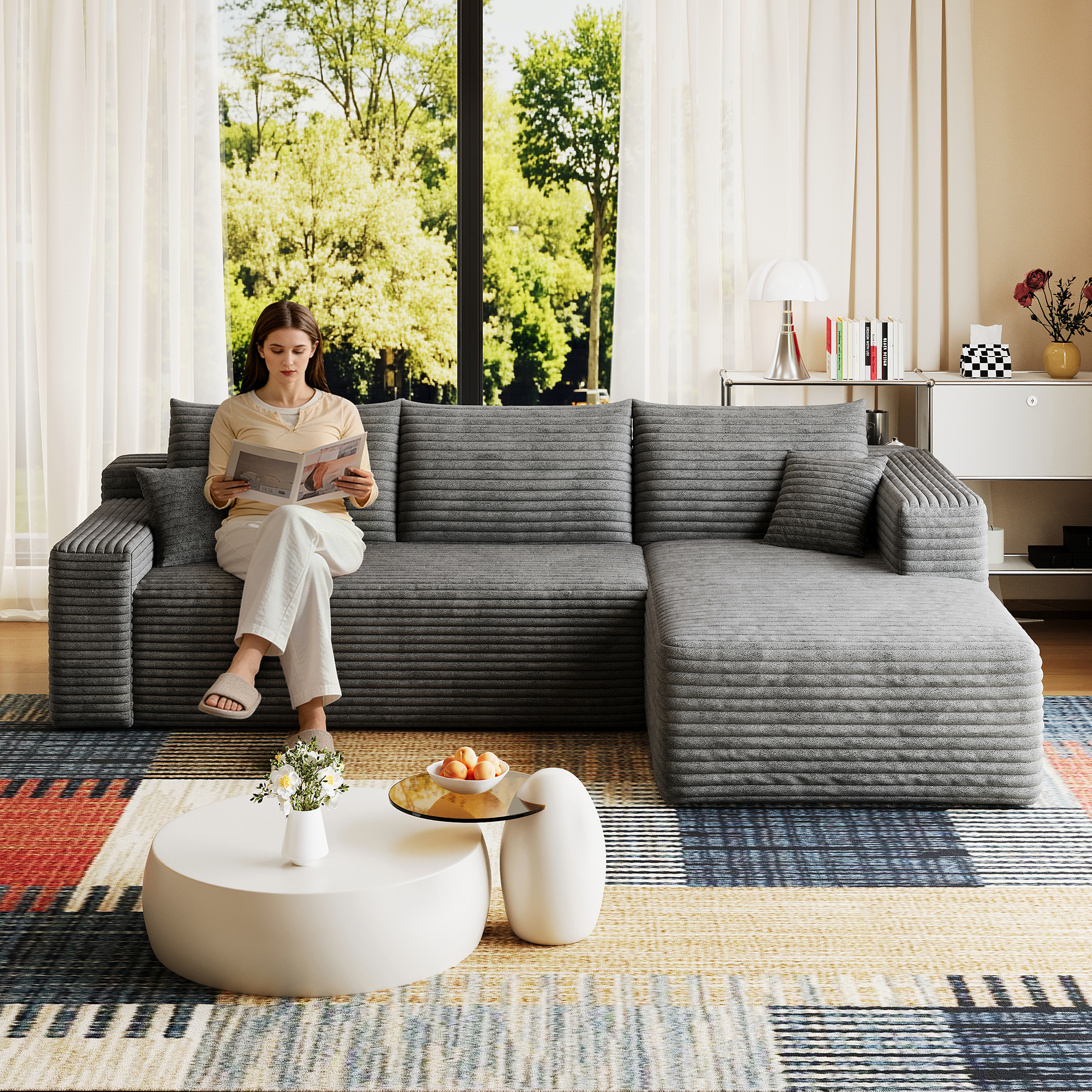 95" Cloud Sectional Sofa,Modern Minimalist Upholstered Couches, Comfort U Shaped Sofa for Living Room,Deep Seat Corner Couch,No Assembly Required,Dark Grey( (Plush Corduroy Fabric) - Image 2